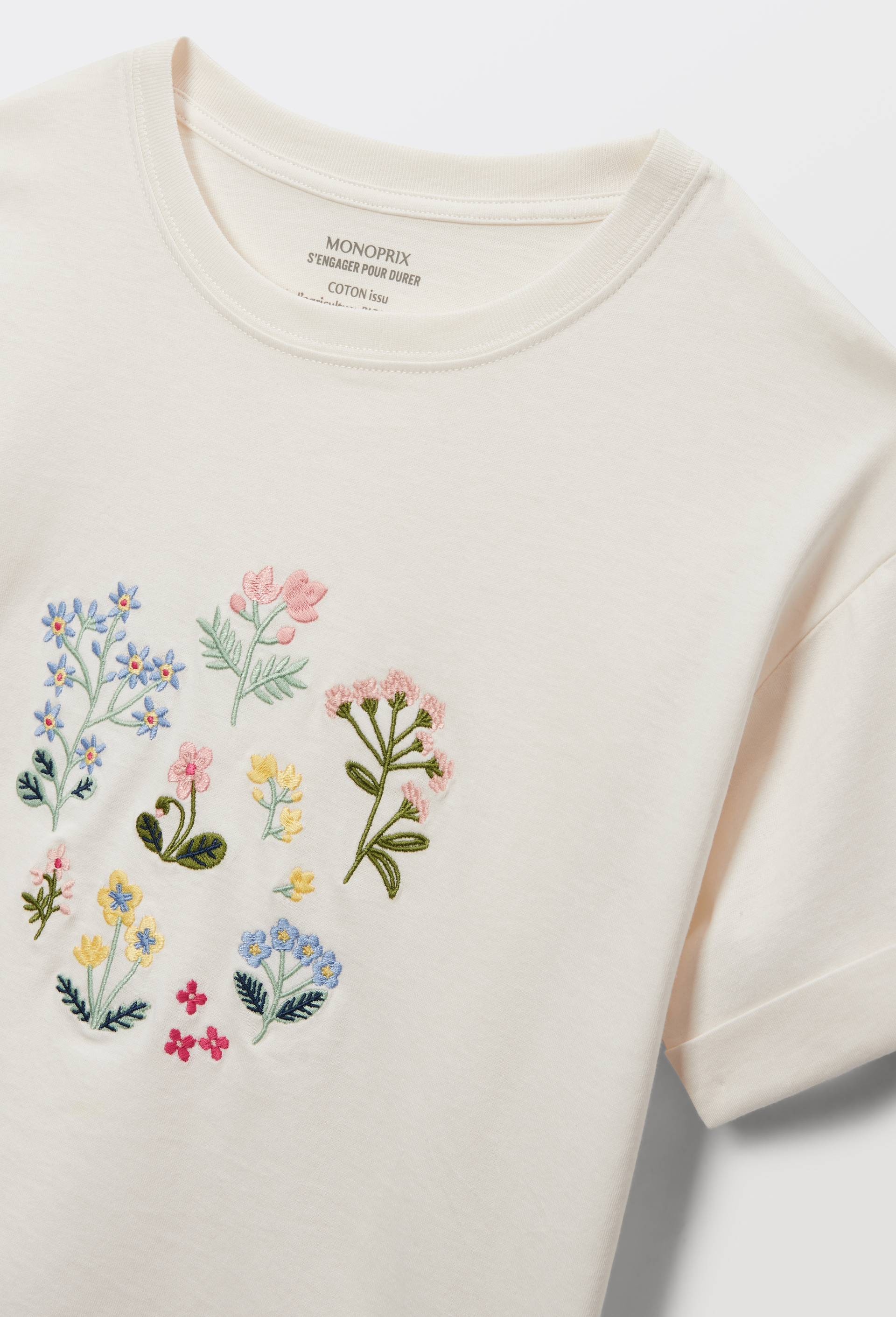 T-shirt manches courtes  brod&eacute; en coton BIO GOTS, Beige clair, large image number 3