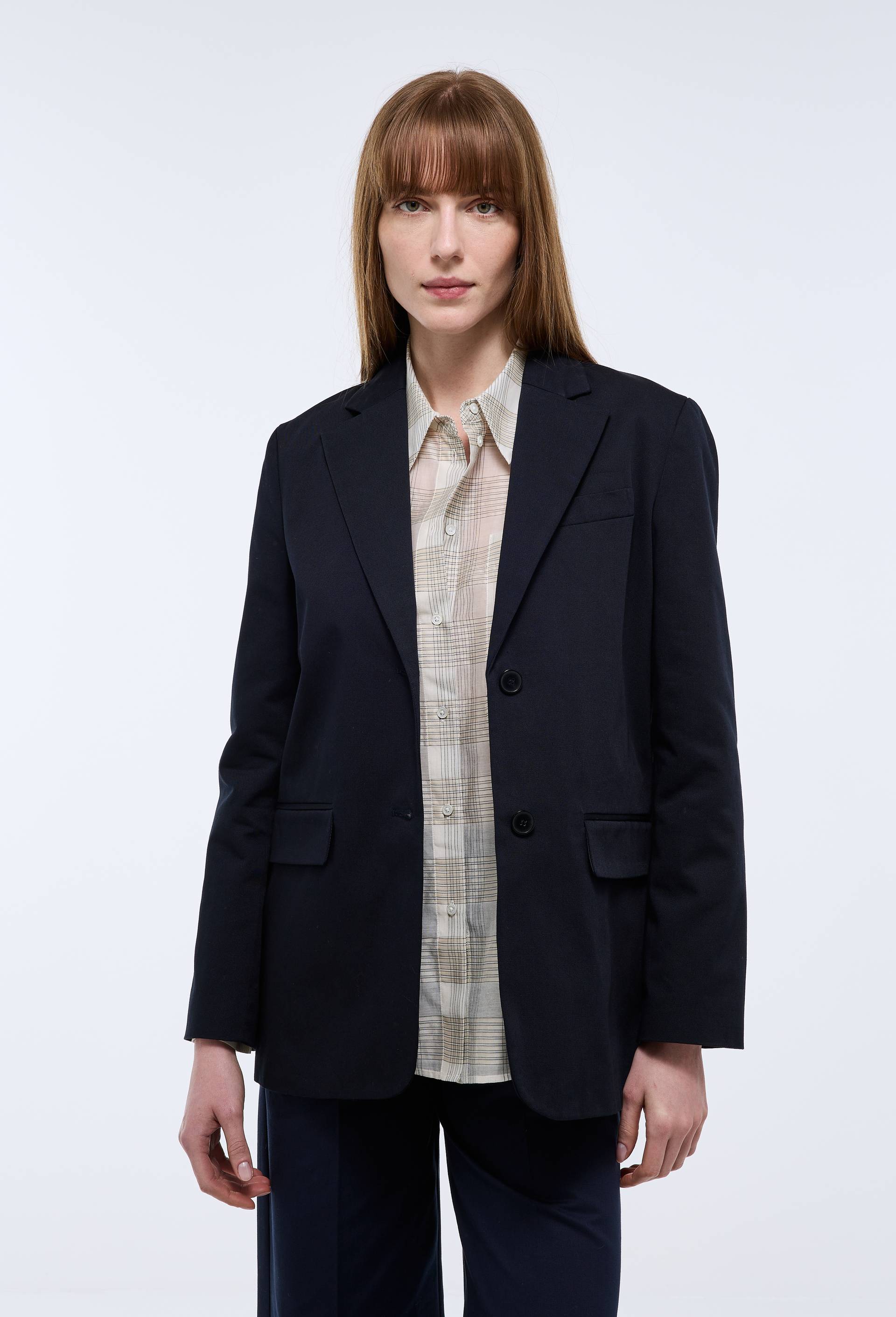 Veste blazer manches longues unie en coton, Bleu fonc&eacute;, large image number 2
