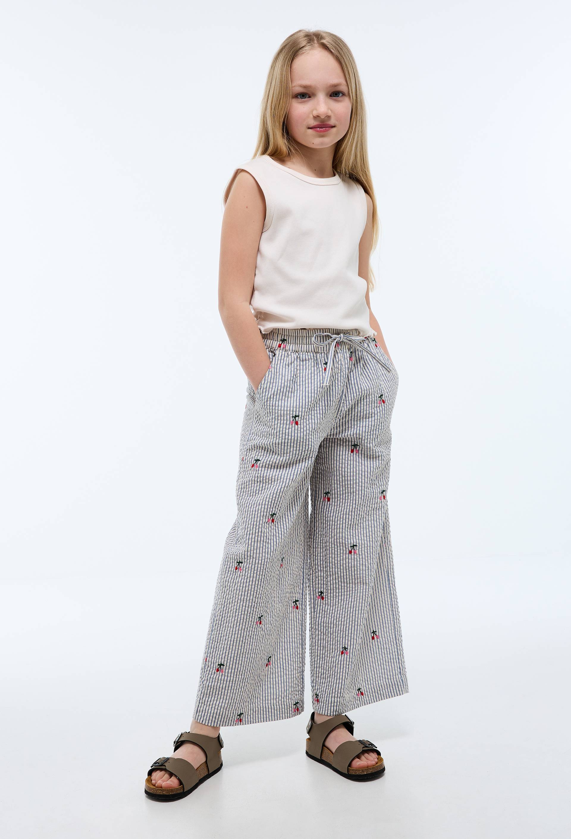 Pantalon taille &eacute;lastiqu&eacute;e large brod&eacute;, Bleu fonc&eacute;, large image number 0