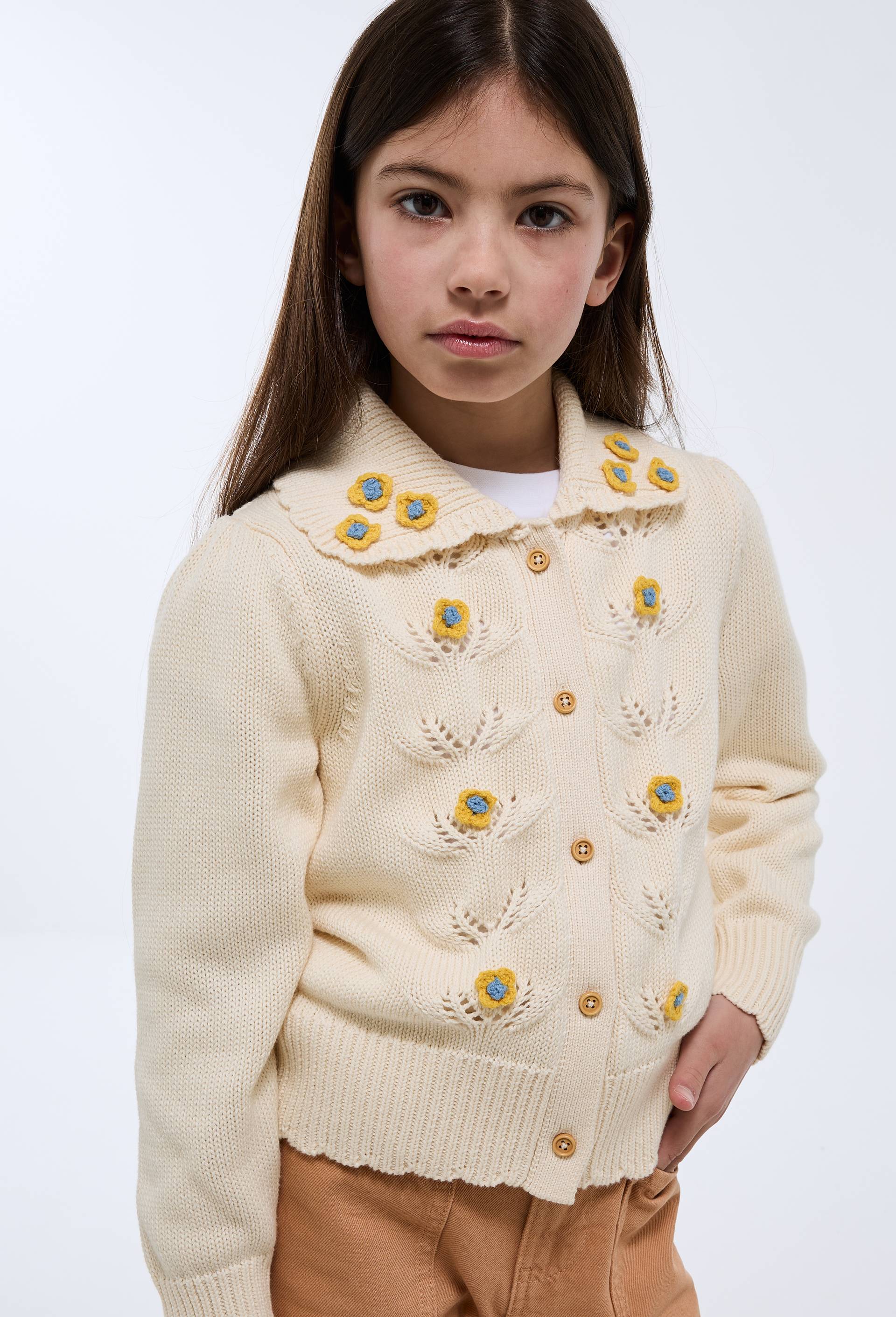 Cardigan d&eacute;tails fleurs crochet, Beige clair, large image number 1