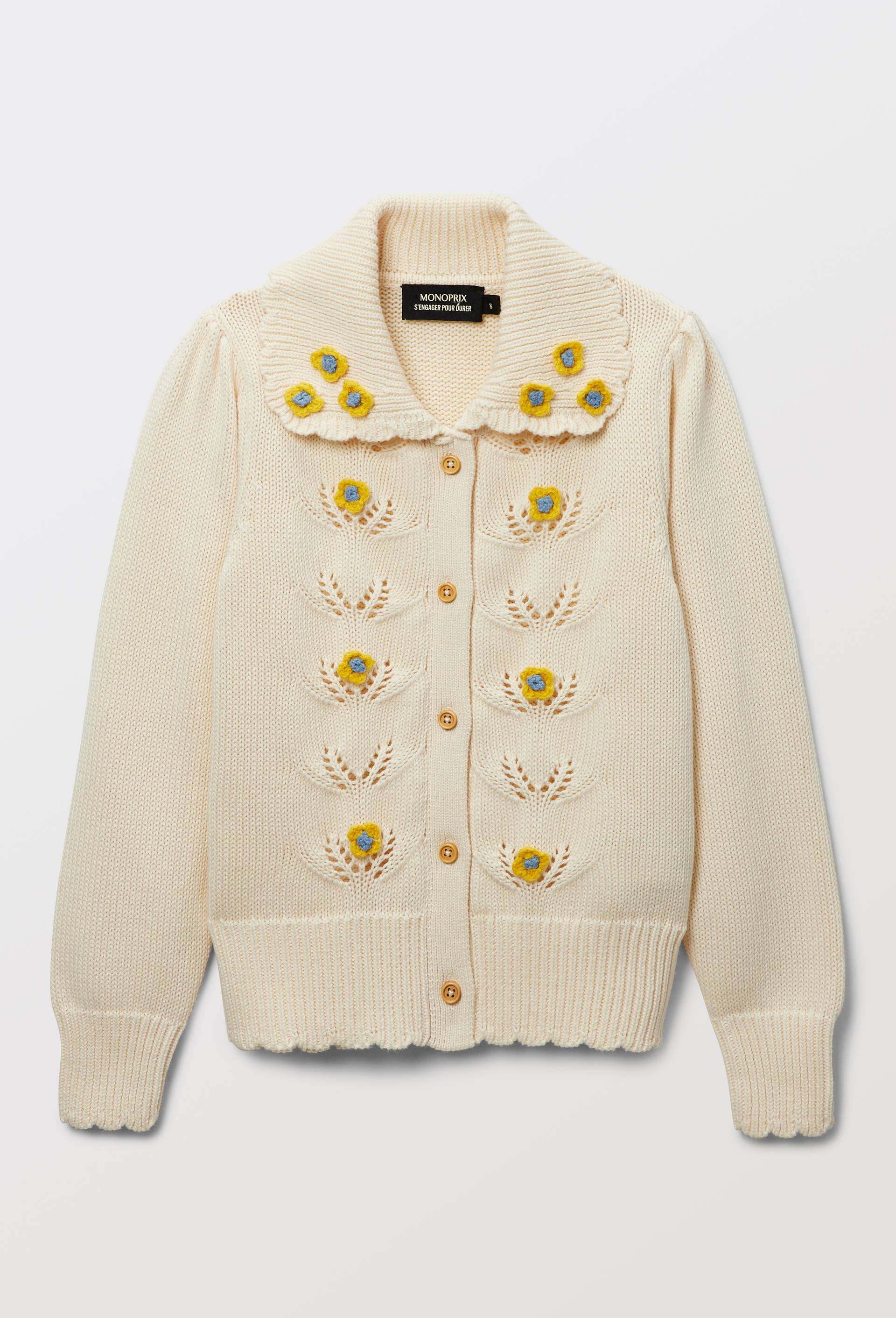Cardigan d&eacute;tails fleurs crochet, Beige clair, large image number 2.0
