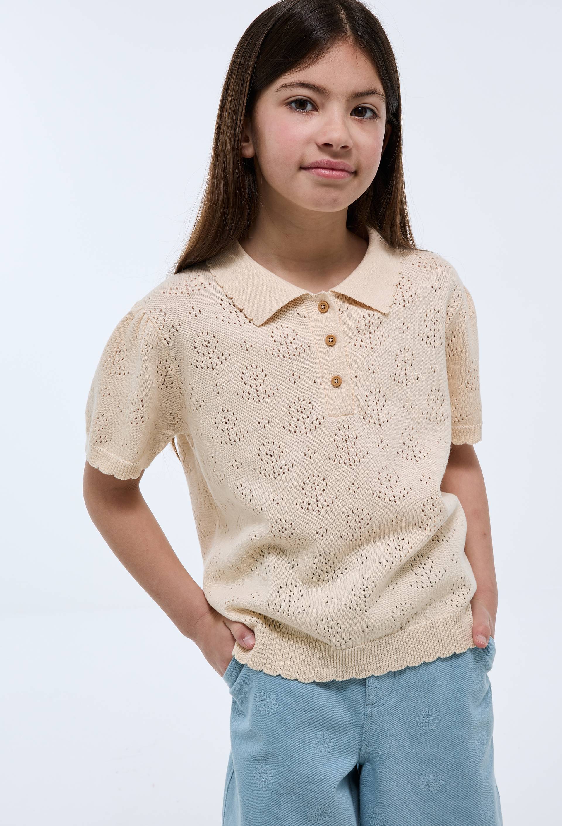 Polo maille en pointelle de coton, Beige clair, large image number 0.0