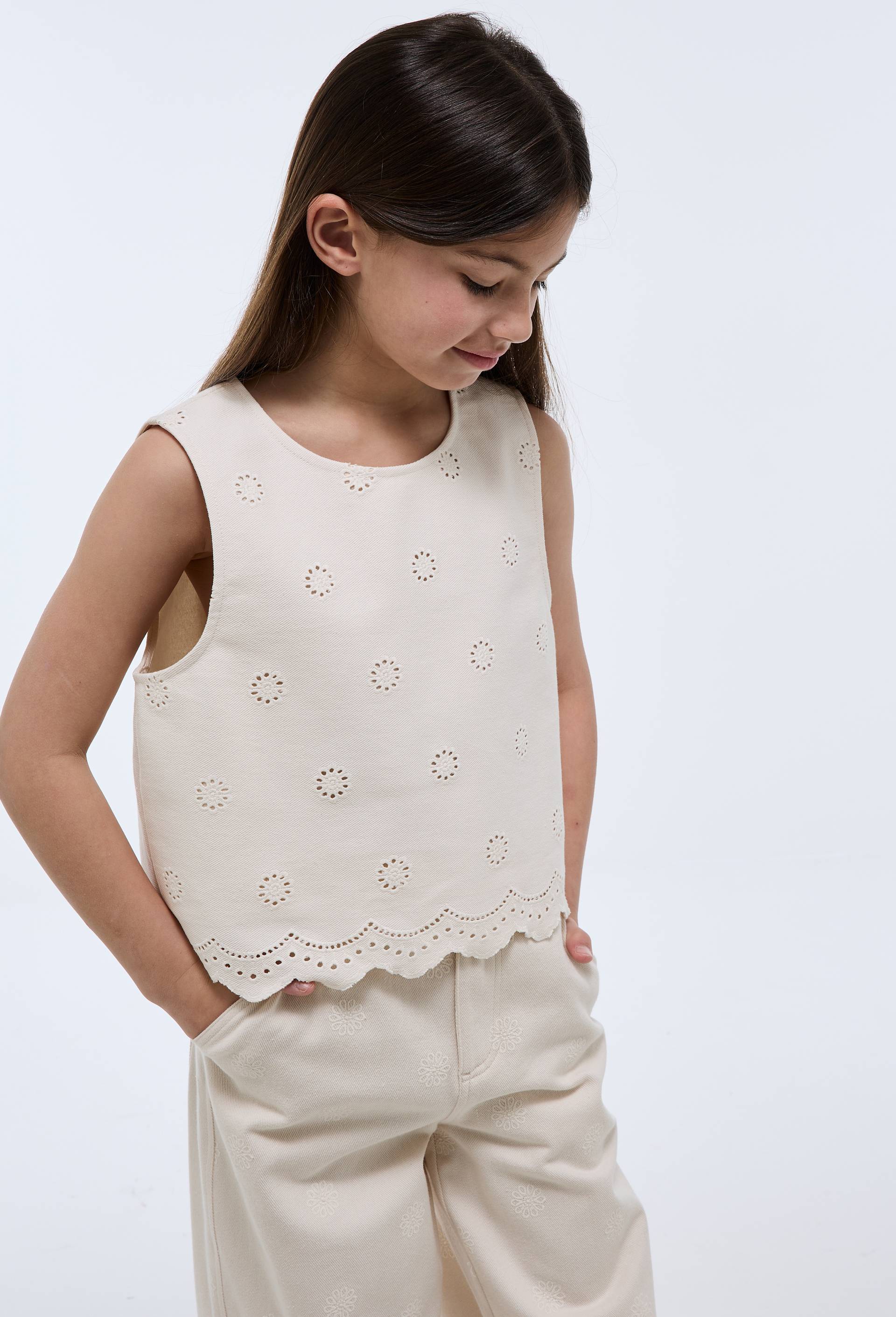 Top brod&eacute; en coton, Beige clair, swatch image