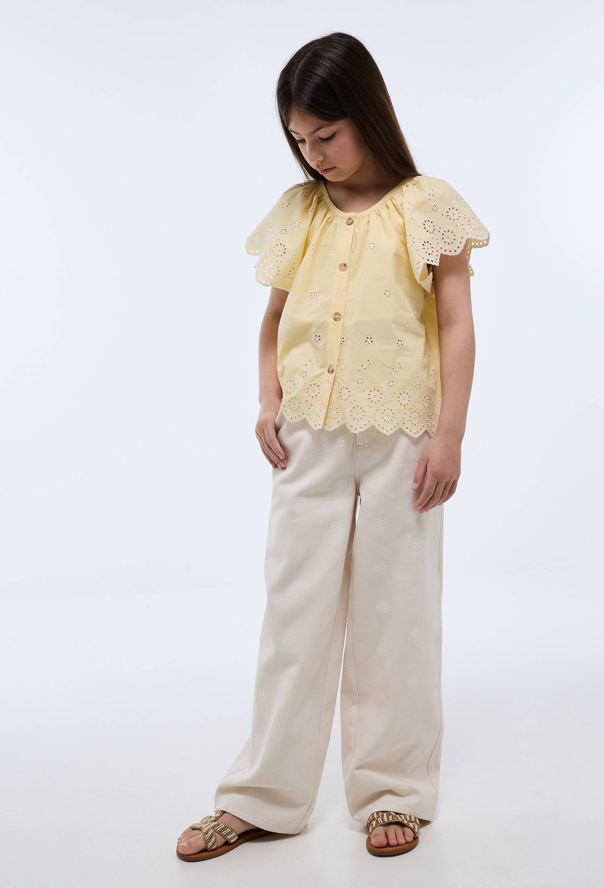 Pantalon brod&eacute; en coton, Beige clair, large image number 0