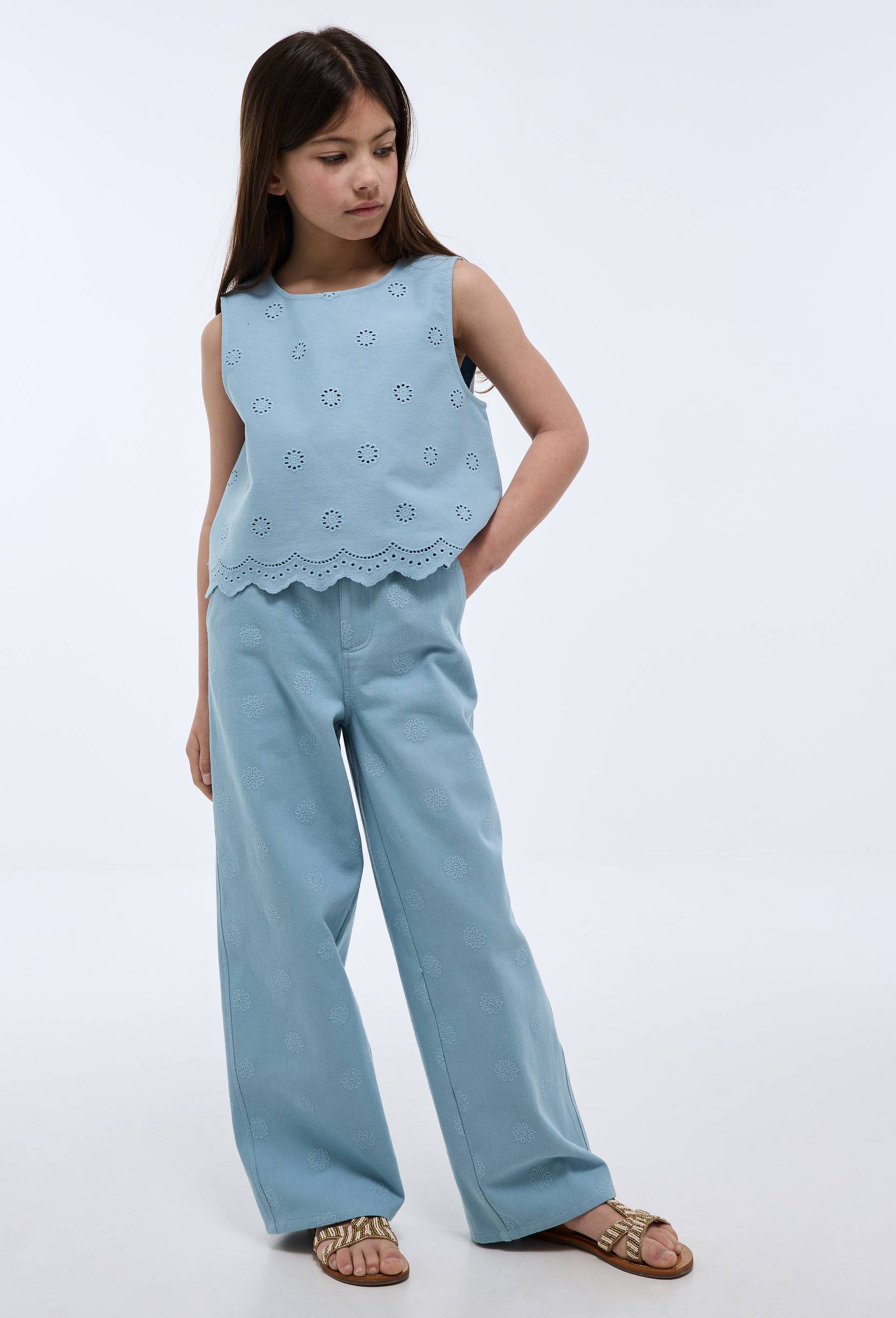 Pantalon brod&eacute; en coton, Bleu, swatch image