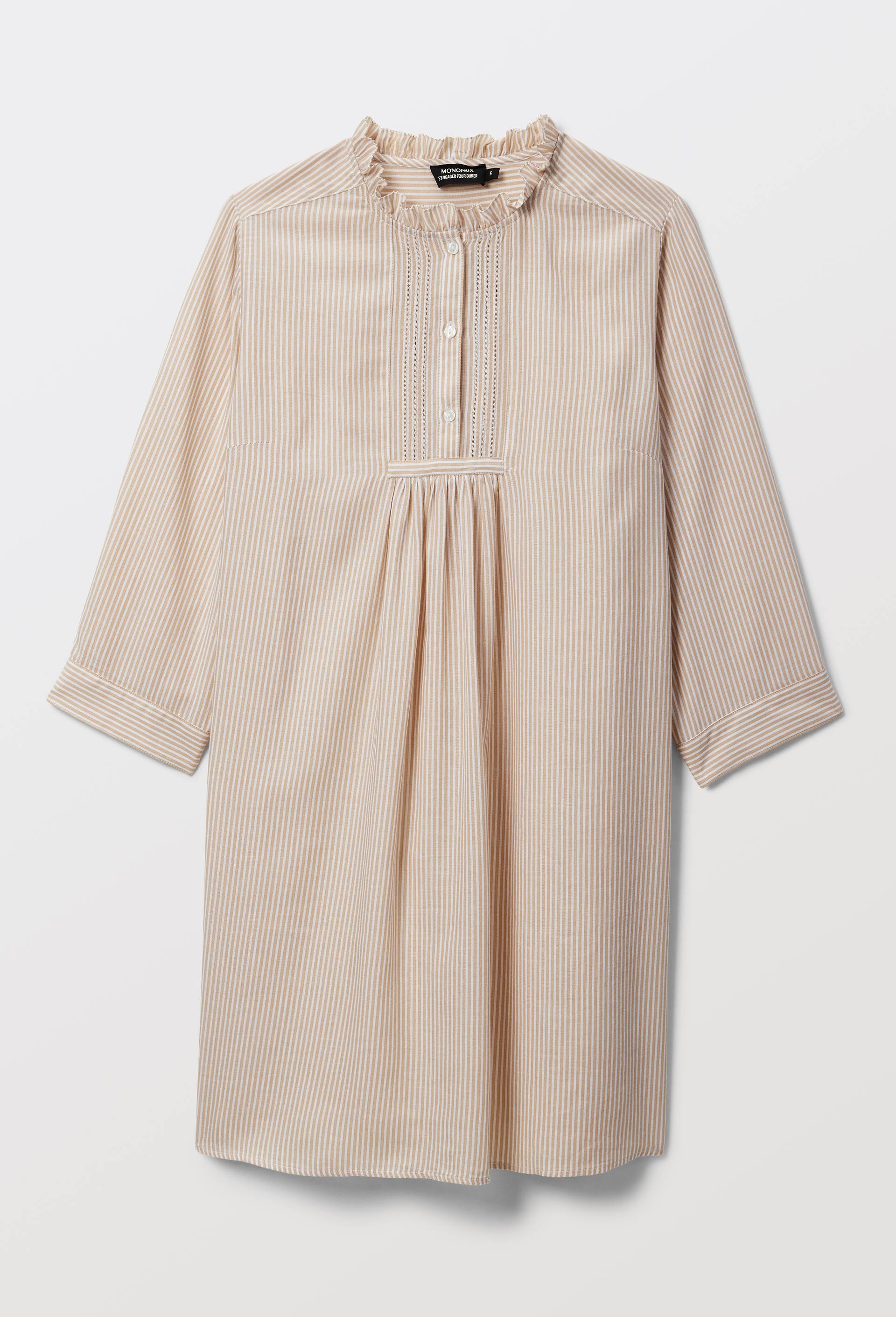 Chemise de nuit ray&eacute;e avec d&eacute;tail plastron en coton BIO GOTS, Beige, large image number 2