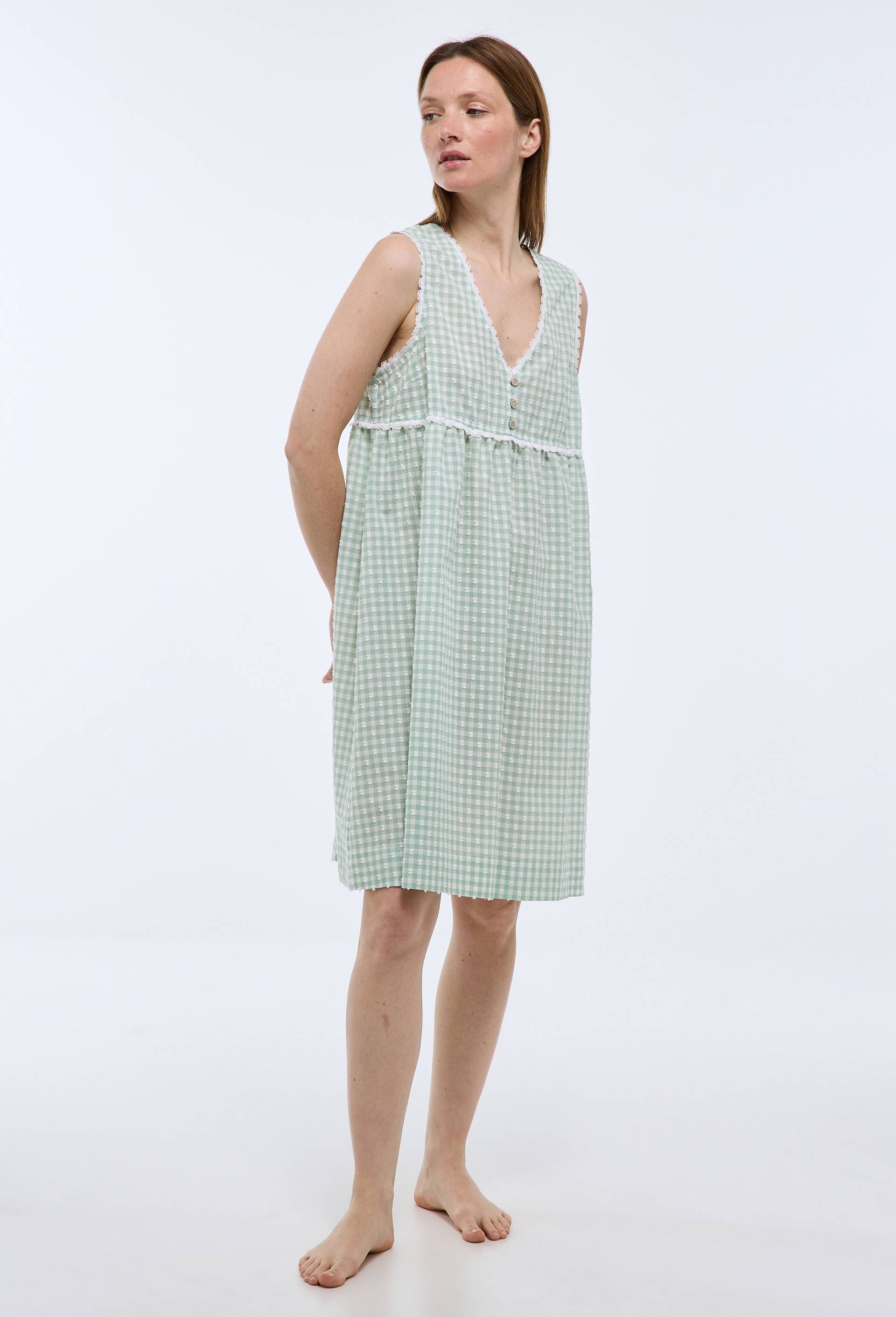 Chemise de nuit vichy en coton plumetis, Vert clair, large image number 0.0