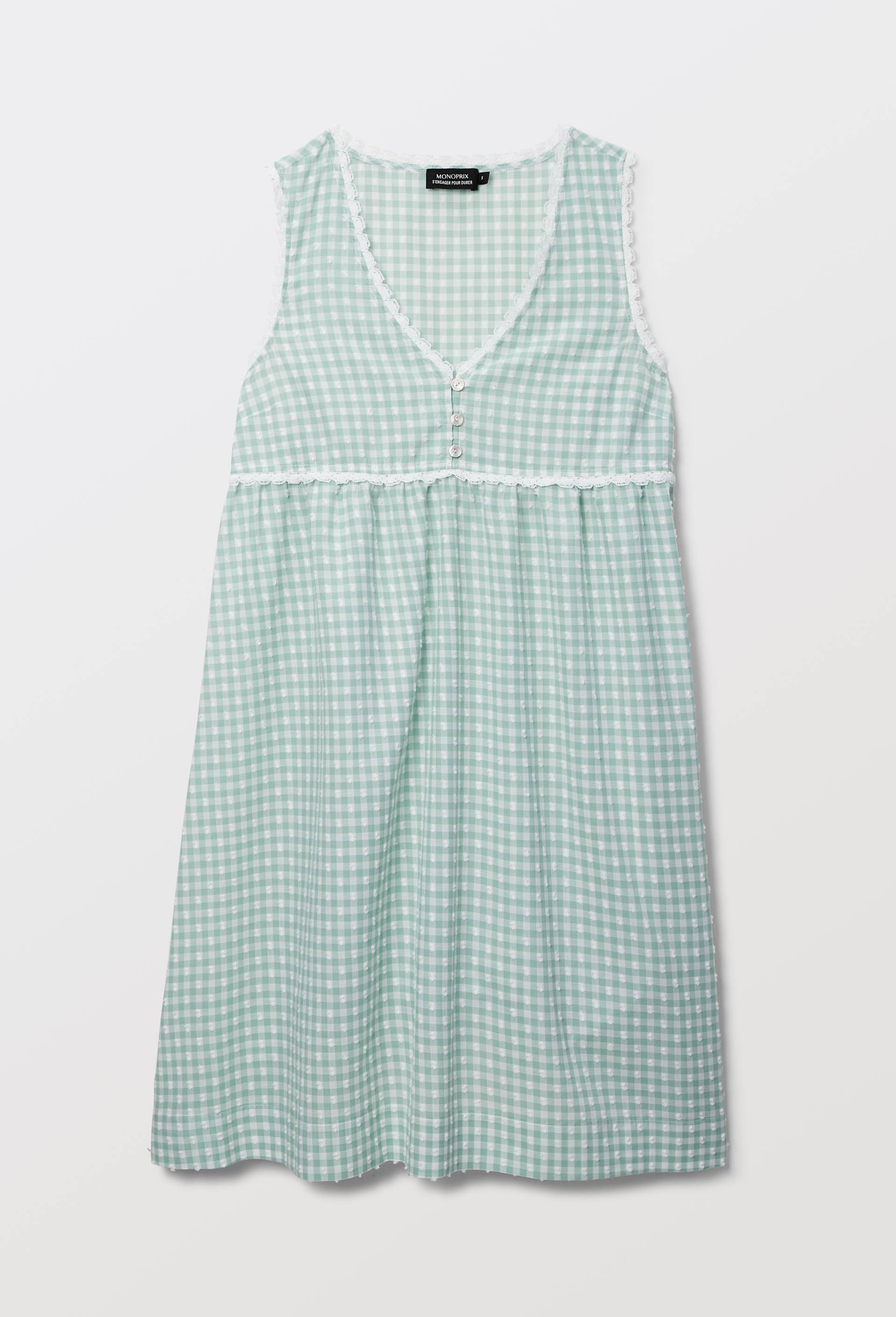 Chemise de nuit vichy en coton plumetis, Vert clair, large image number 2