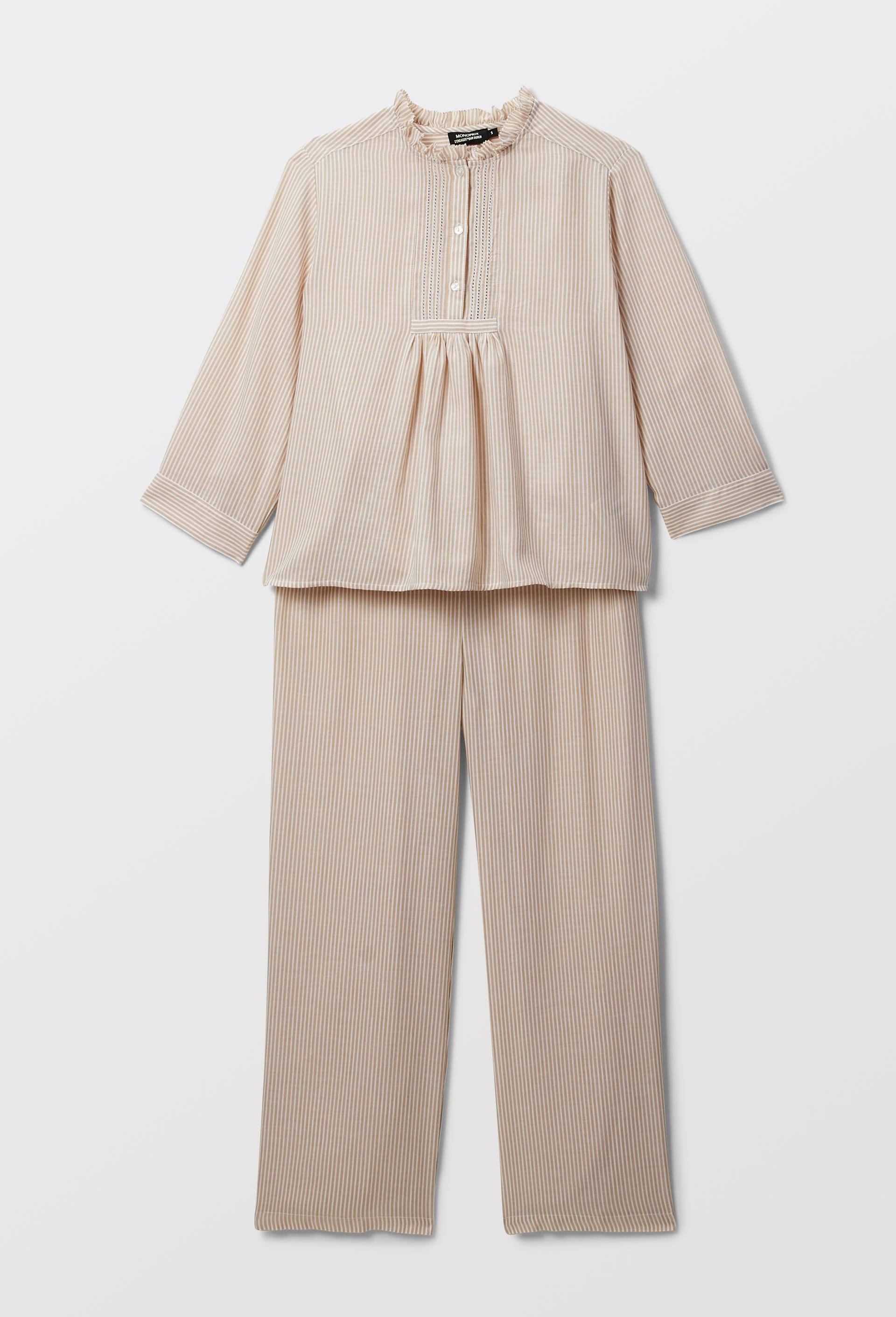 Pyjama ray&eacute; &agrave; manches longues avec d&eacute;tail plastron en coton BIO GOTS, Beige, large image number 2.0