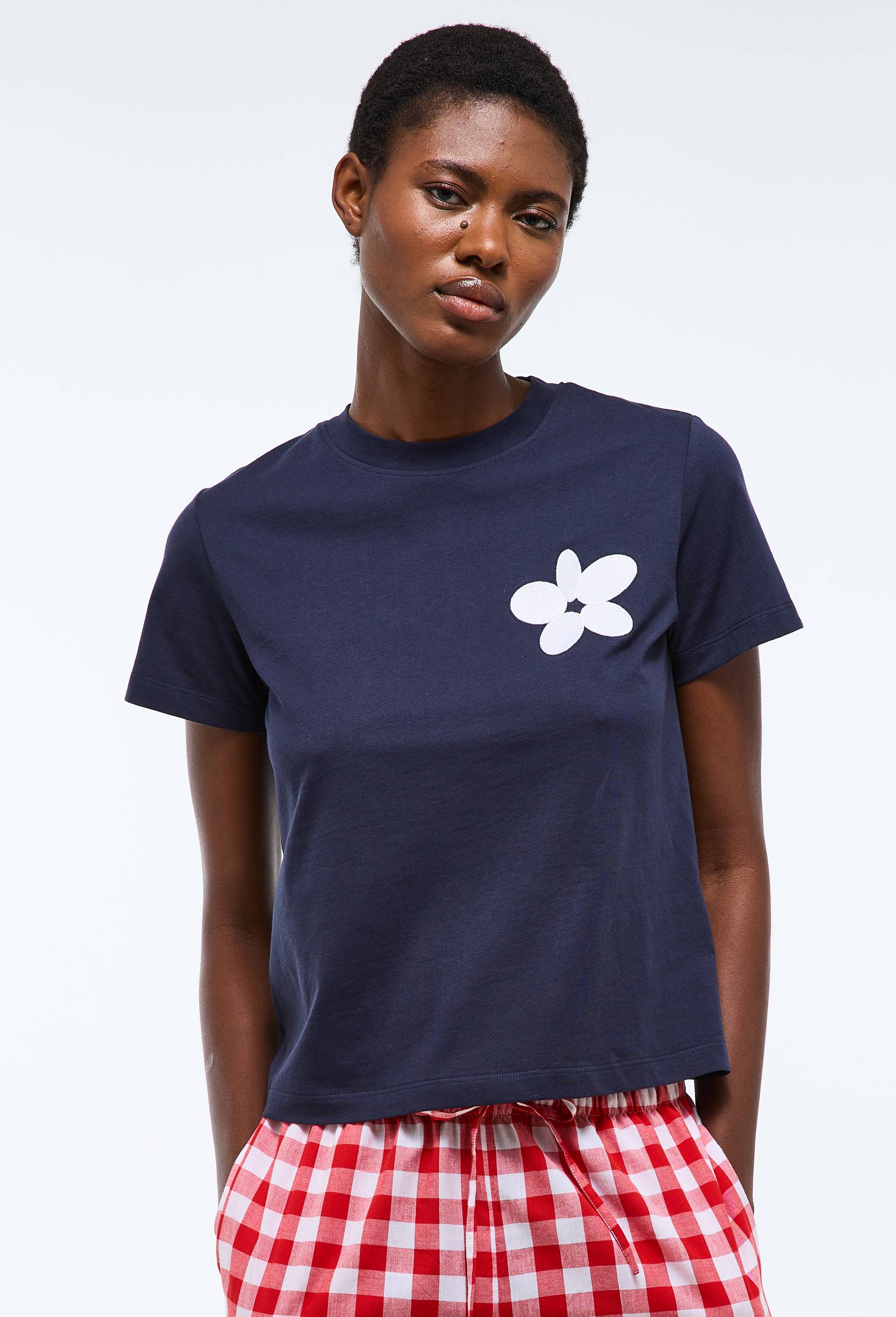 T-shirt col rond broderie fleur en coton bio GOTS, Bleu fonc&eacute;, large image number 0.0