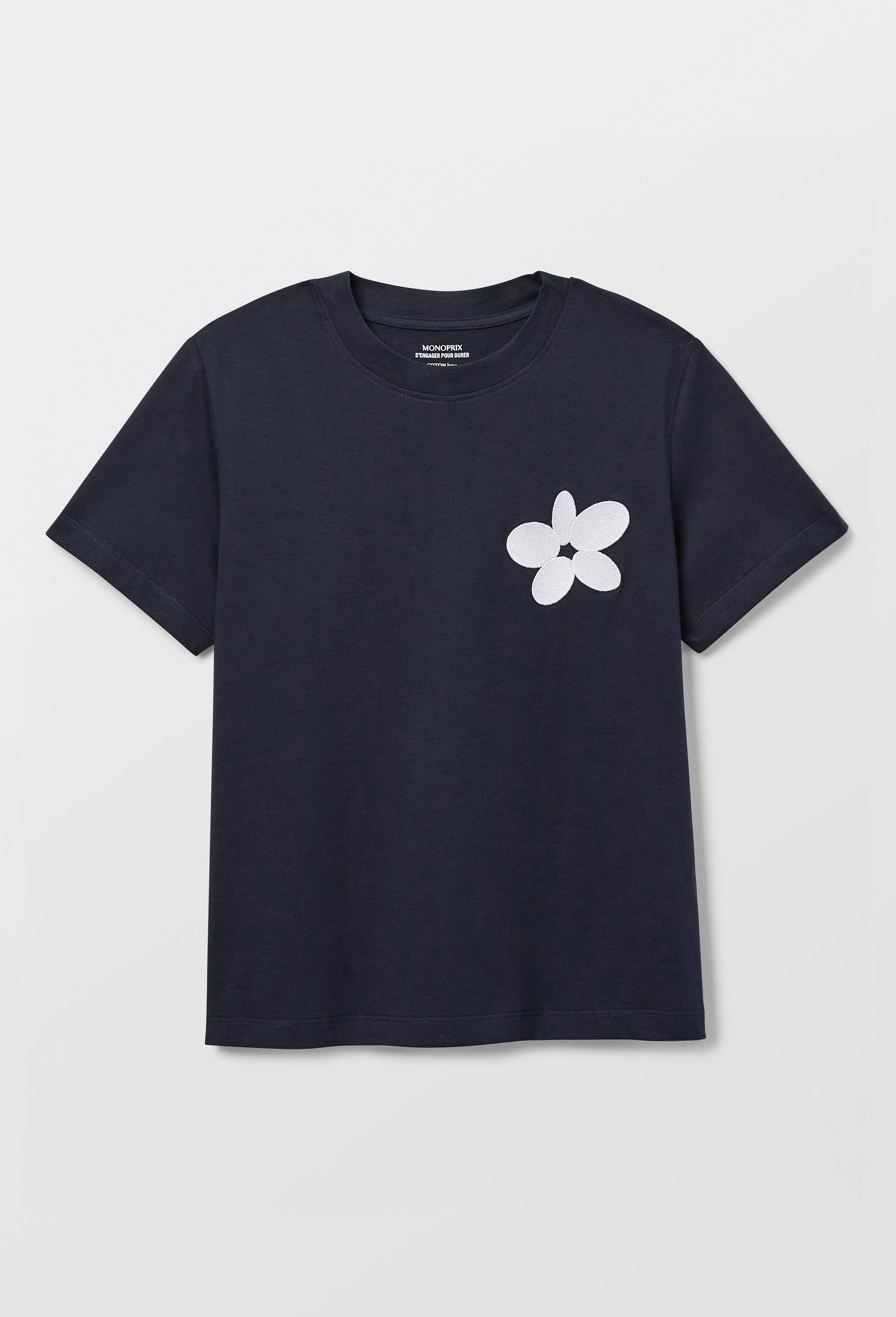 T-shirt col rond broderie fleur en coton bio GOTS, Bleu fonc&eacute;, large image number 2