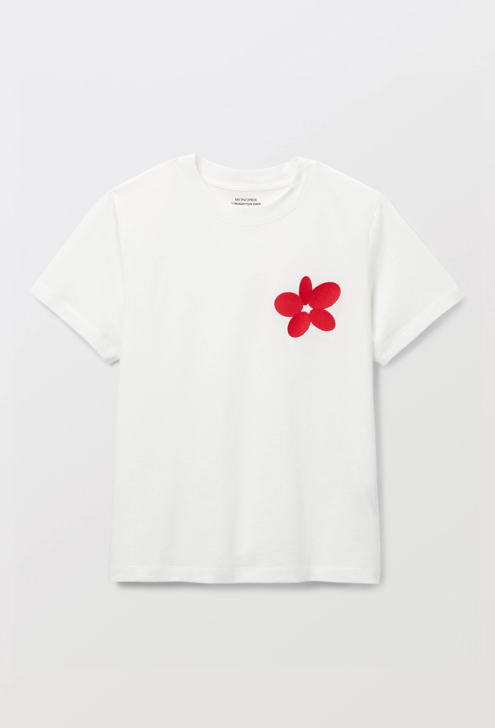 T-shirt col rond broderie fleur en coton bio GOTS, Ecru, large image number 2.0