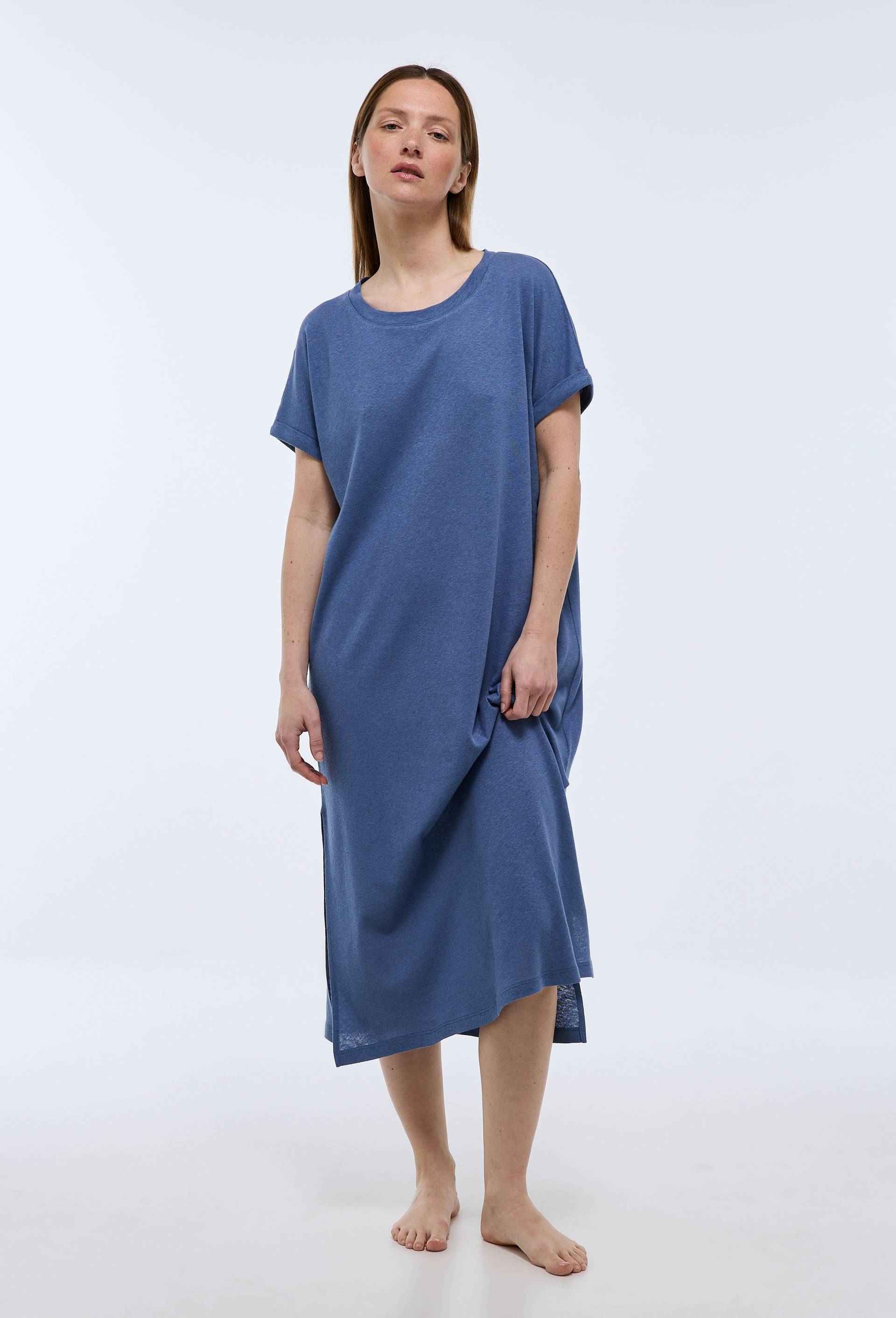 Chemise de nuit longue en jersey de coton et lin, Bleu, swatch image