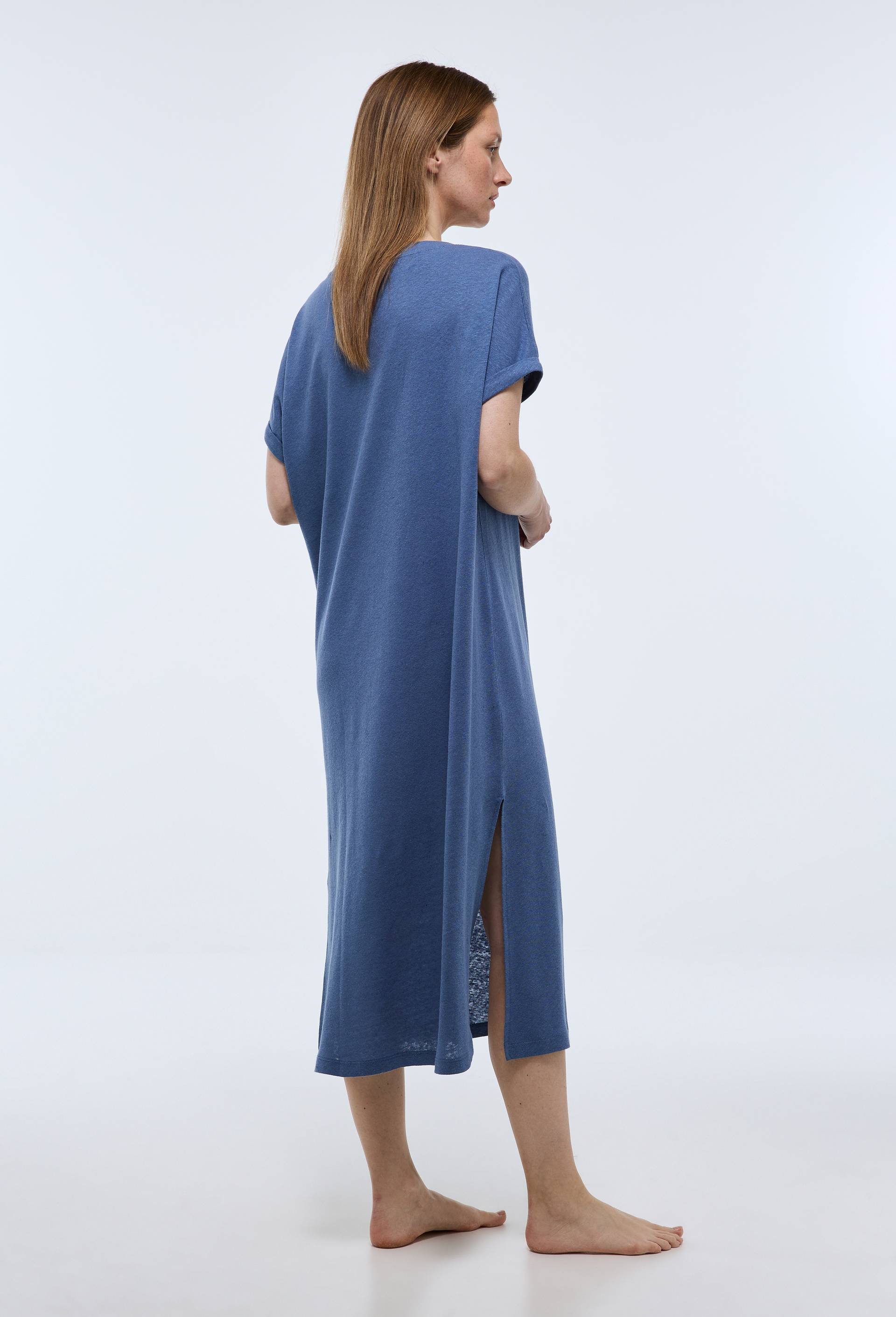 Chemise de nuit longue en jersey de coton et lin, Bleu, large image number 1.0