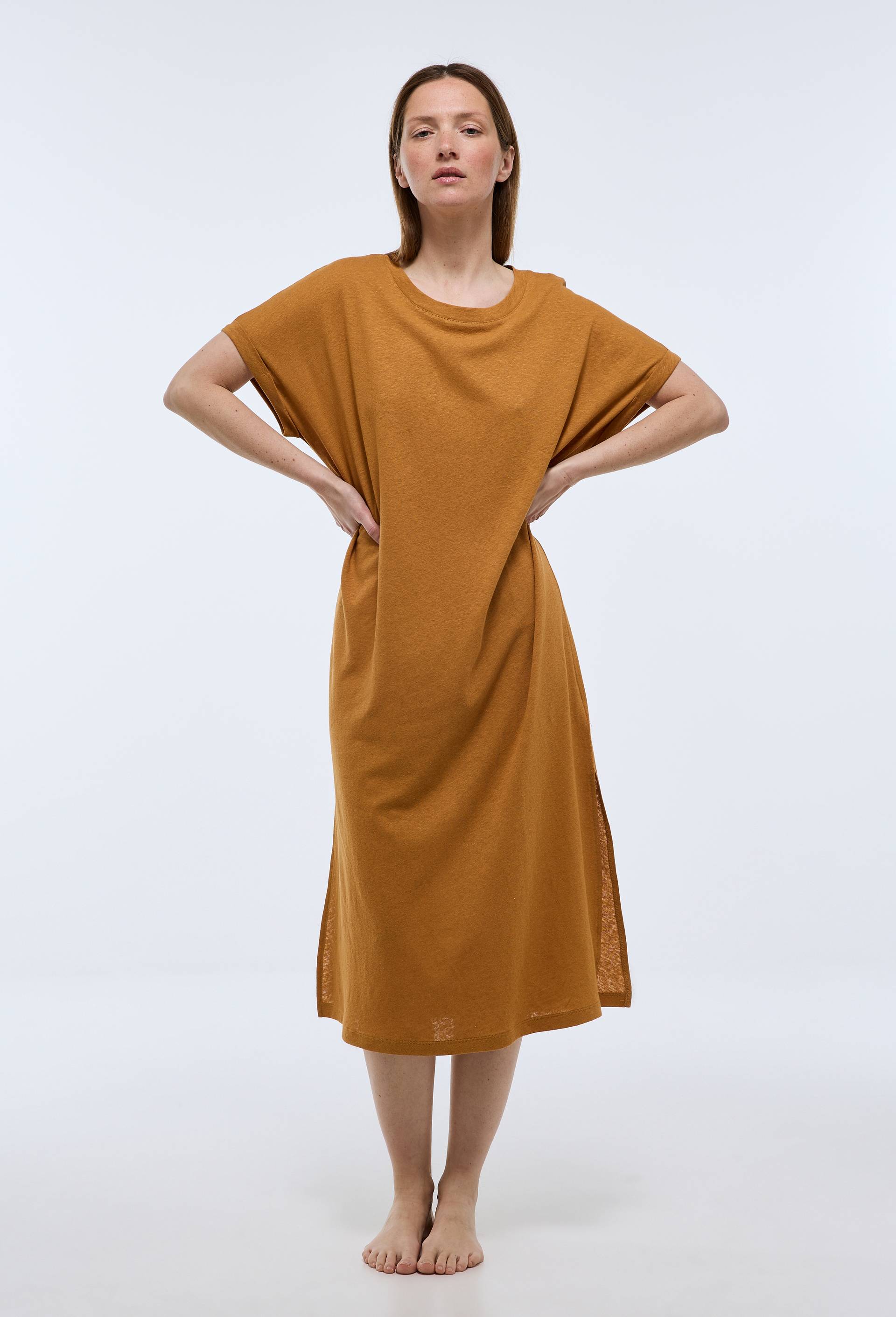Chemise de nuit longue en jersey de coton et lin, Brun clair, large image number 0
