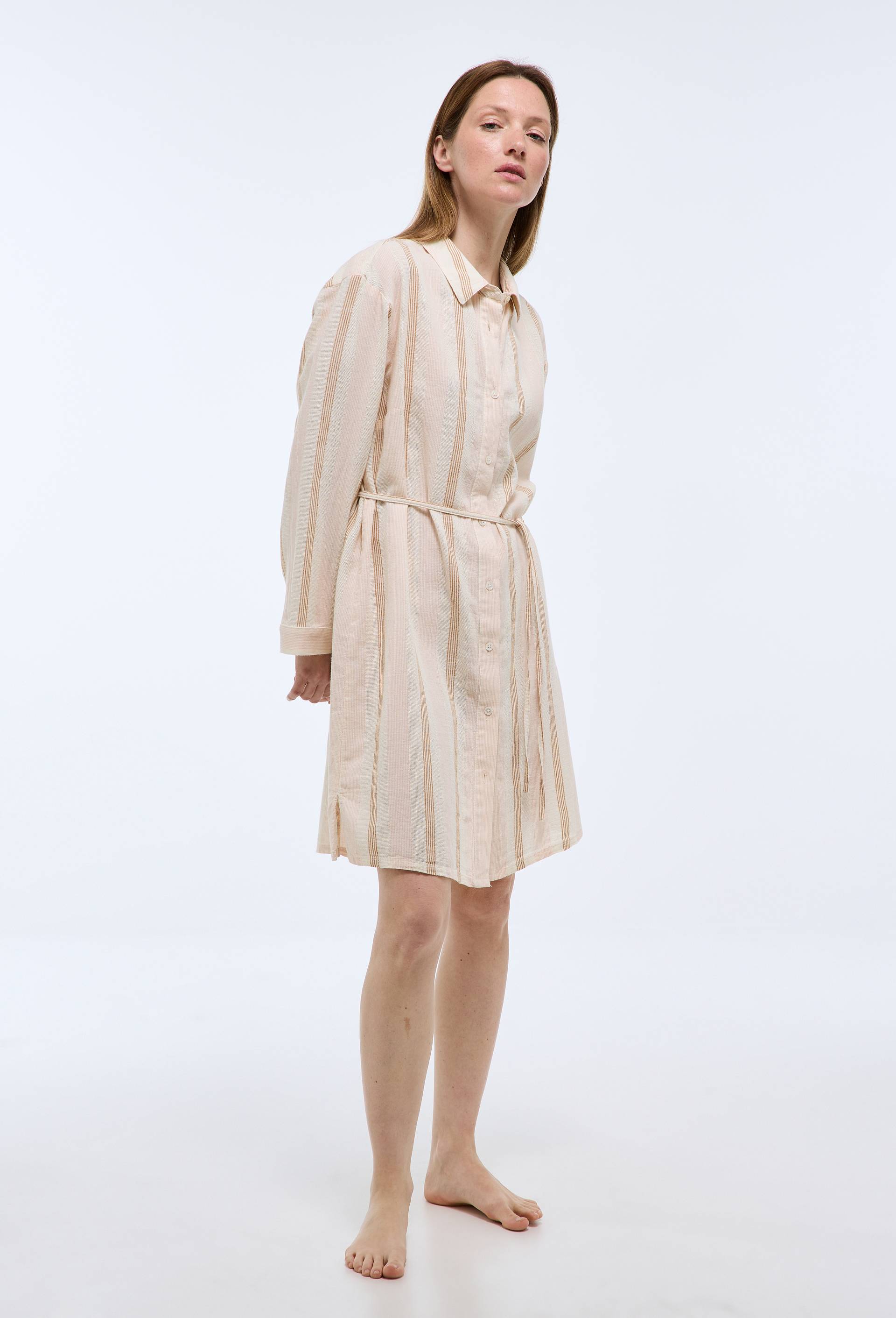Chemise de nuit ray&eacute;e en lin et coton, Rose, large image number 0.0