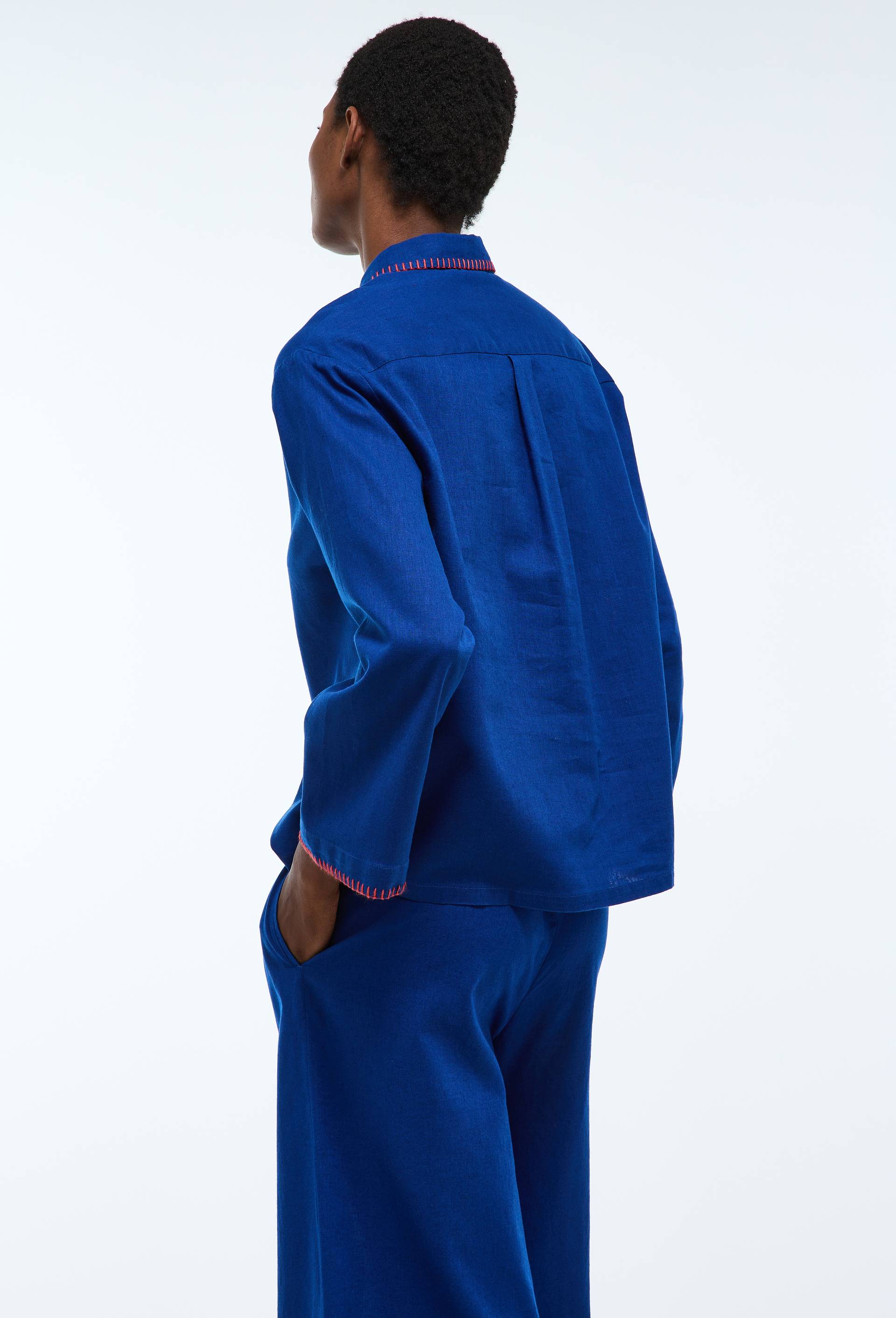 Chemise unie &agrave; d&eacute;tails feston en coton et lin, Bleu, large image number 1.0