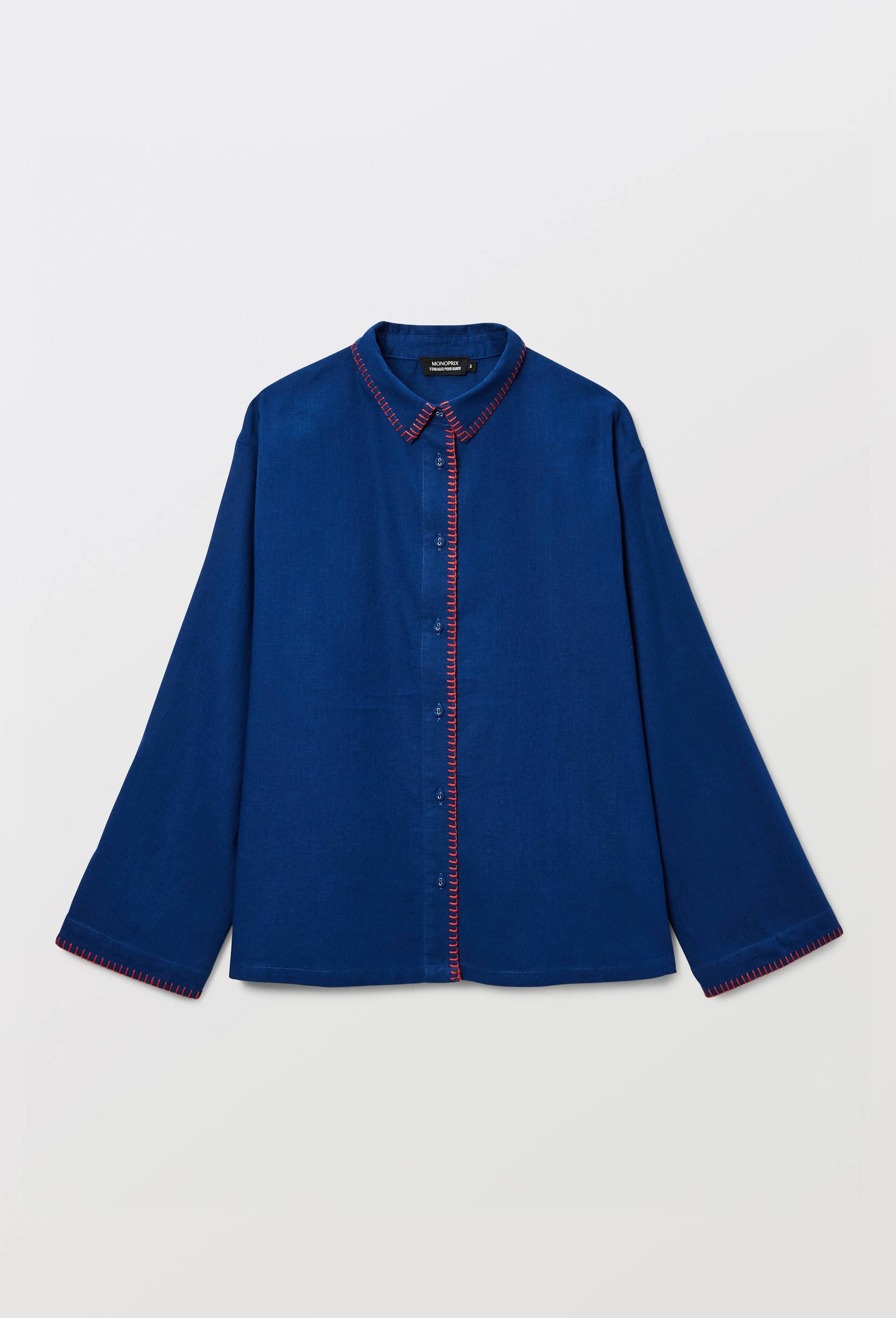 Chemise unie &agrave; d&eacute;tails feston en coton et lin, Bleu, large image number 2