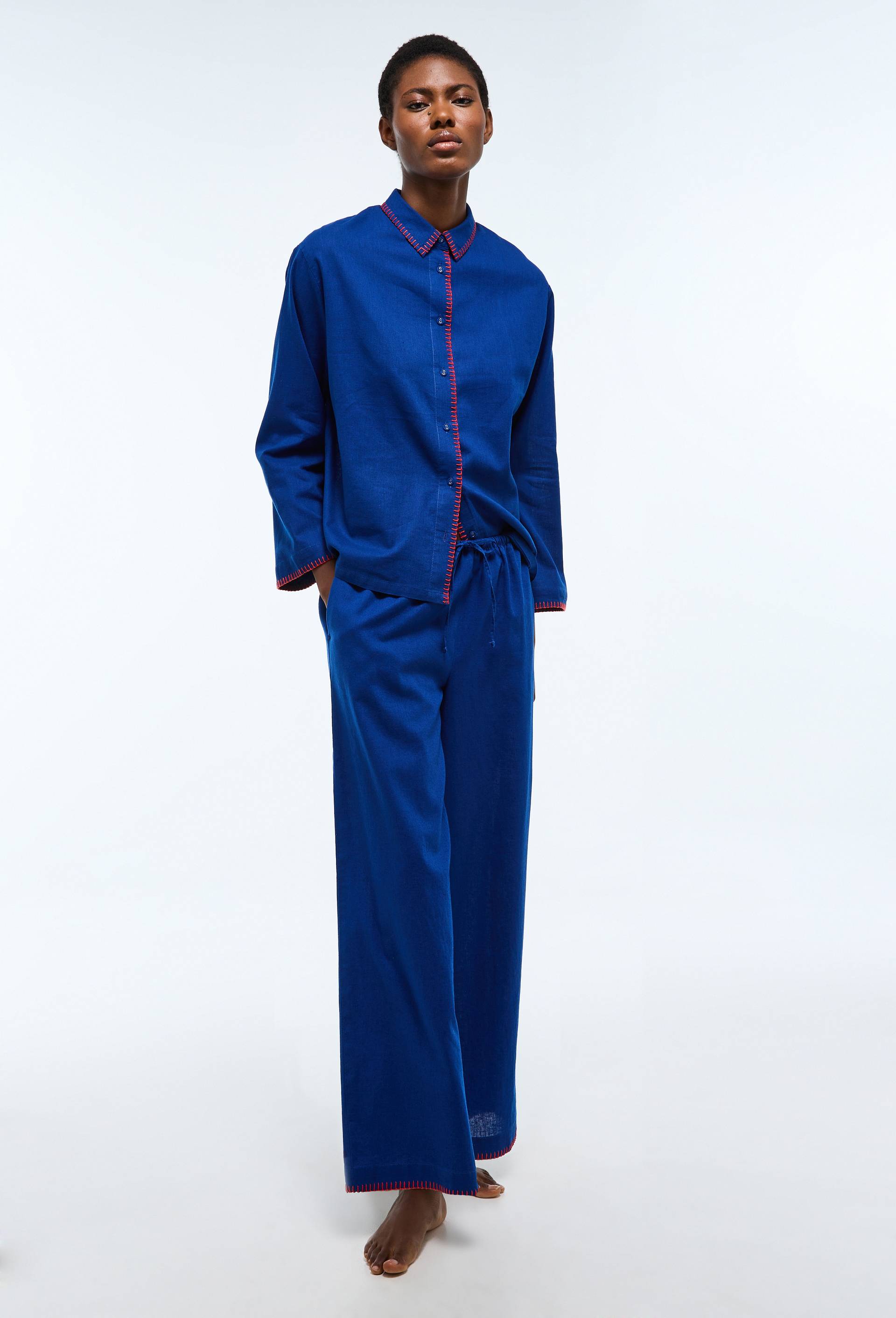 Pantalon de pyjama uni &agrave; d&eacute;tails feston en coton et lin, Bleu, large image number 0.0
