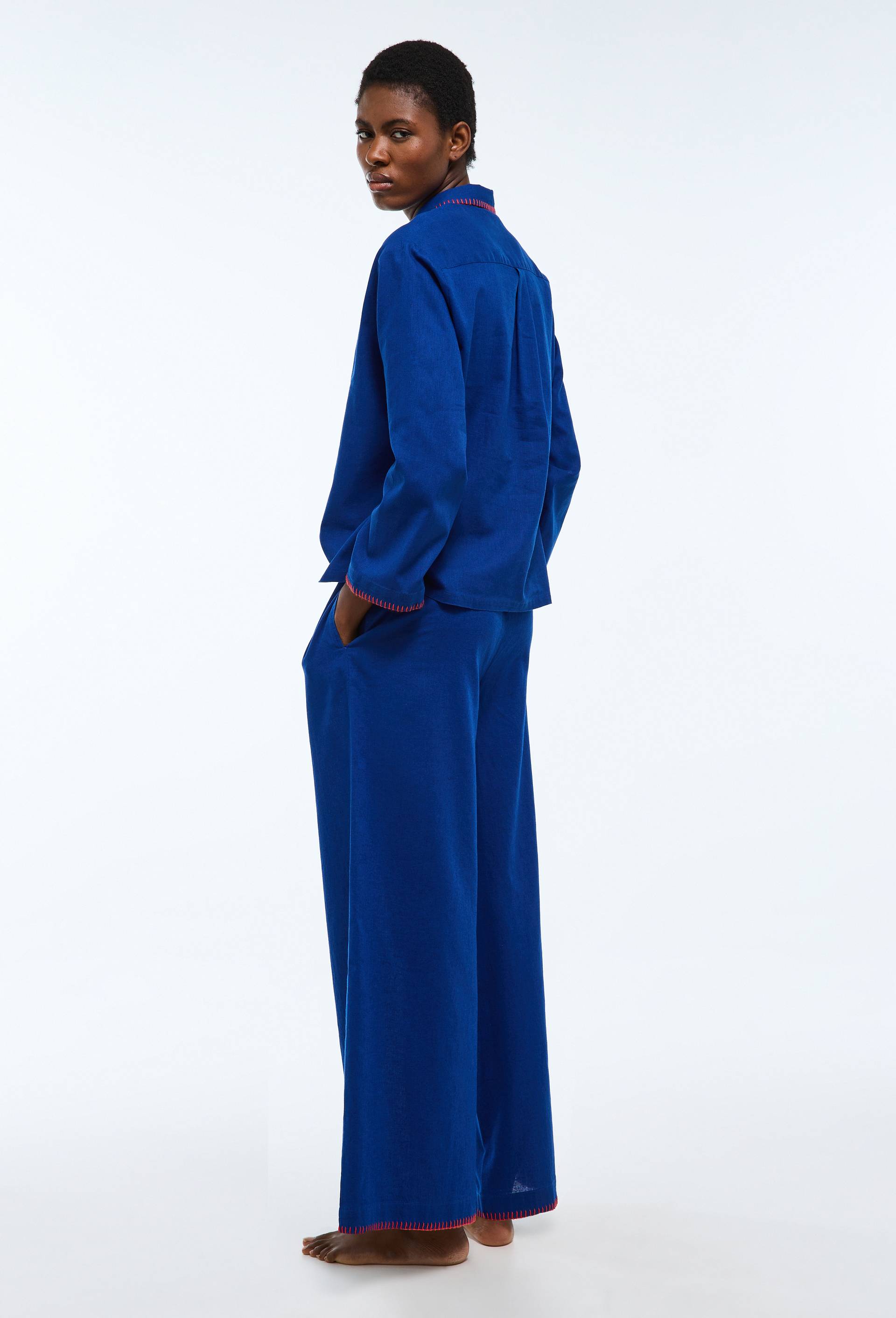 Pantalon de pyjama uni &agrave; d&eacute;tails feston en coton et lin, Bleu, large image number 1