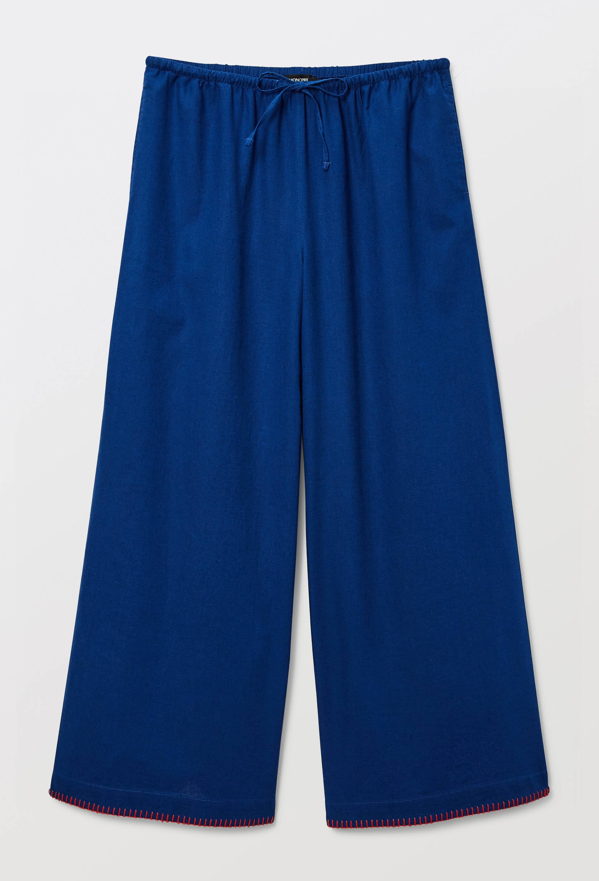 Pantalon de pyjama uni &agrave; d&eacute;tails feston en coton et lin, Bleu, large image number 2