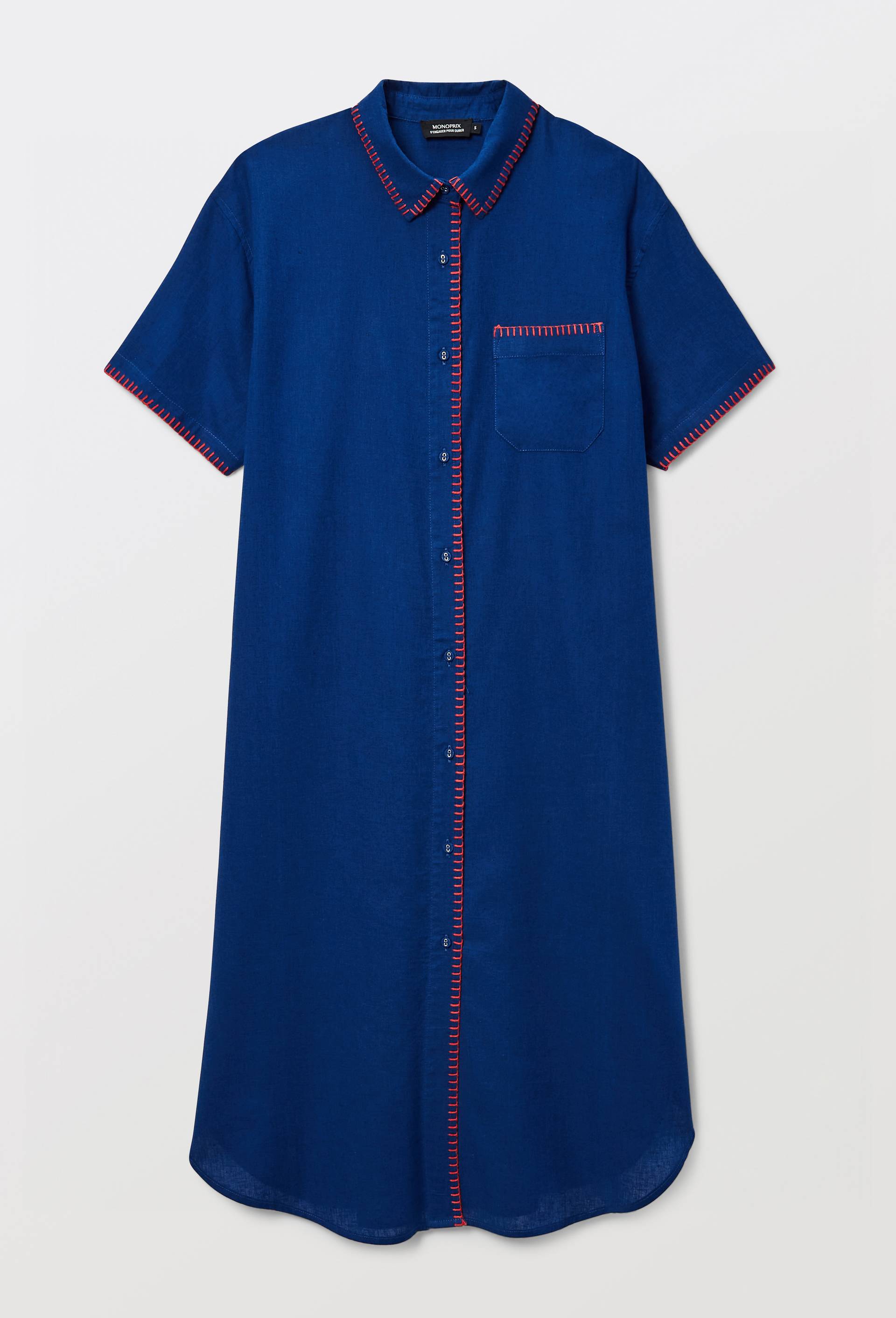 Chemise de nuit unie &agrave; d&eacute;tails feston en coton et lin, Bleu, large image number 2