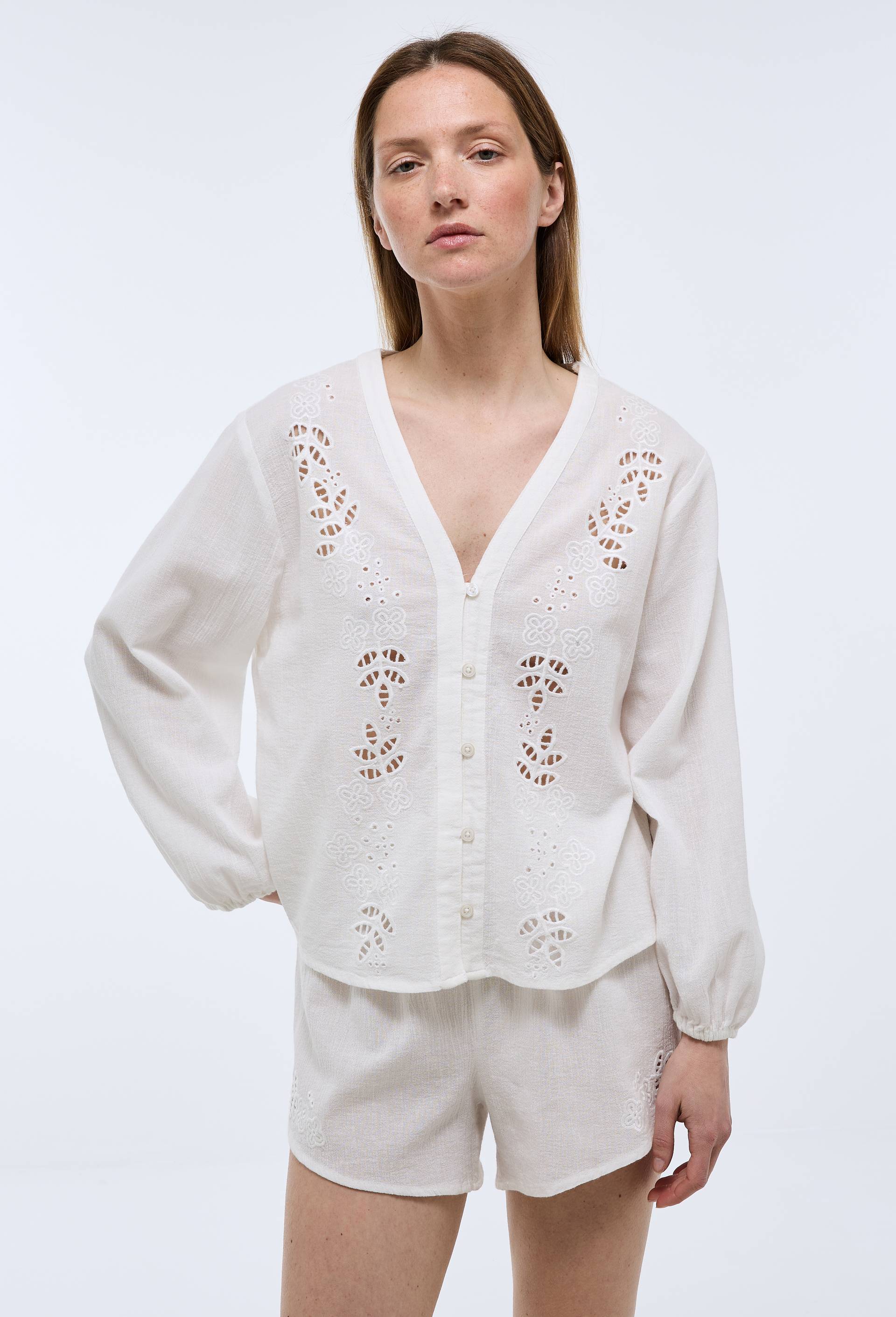 Chemise de nuit brodée en voile de coton, Bio BLANC pour femme LINGERIE