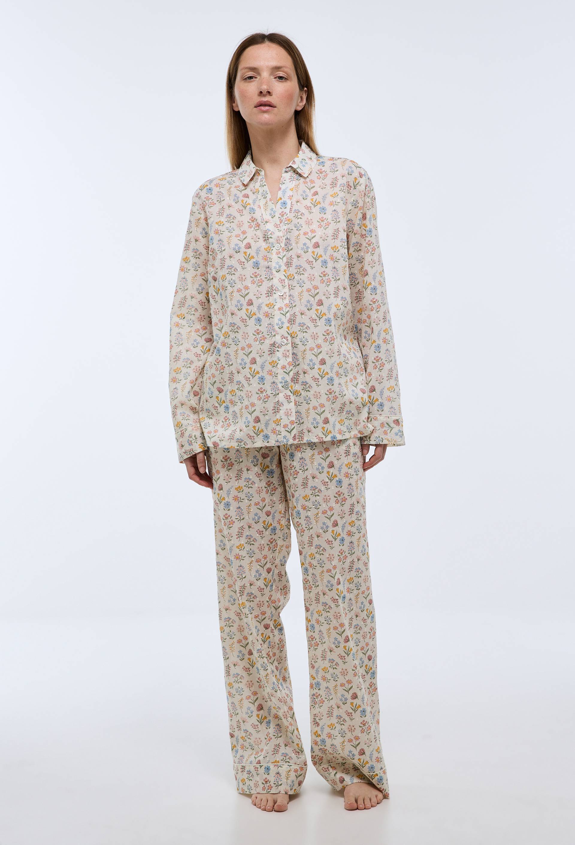 Pyjama &agrave; imprim&eacute; floral en plumetis de coton BIO GOTS, Beige clair, large image number 0