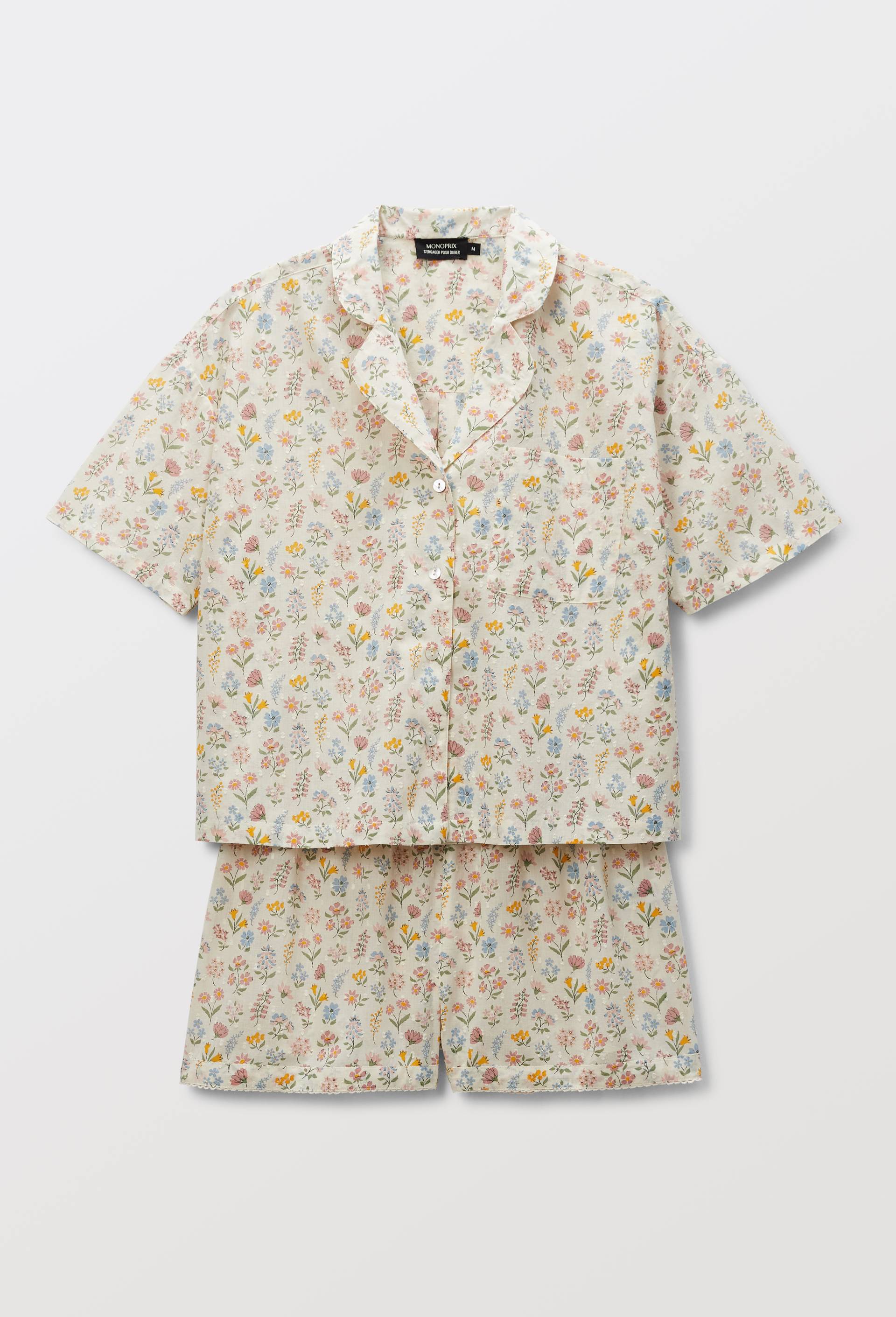 Pyjashort &agrave; imprim&eacute; floral en plumetis de coton BIO, Beige clair, large image number 3