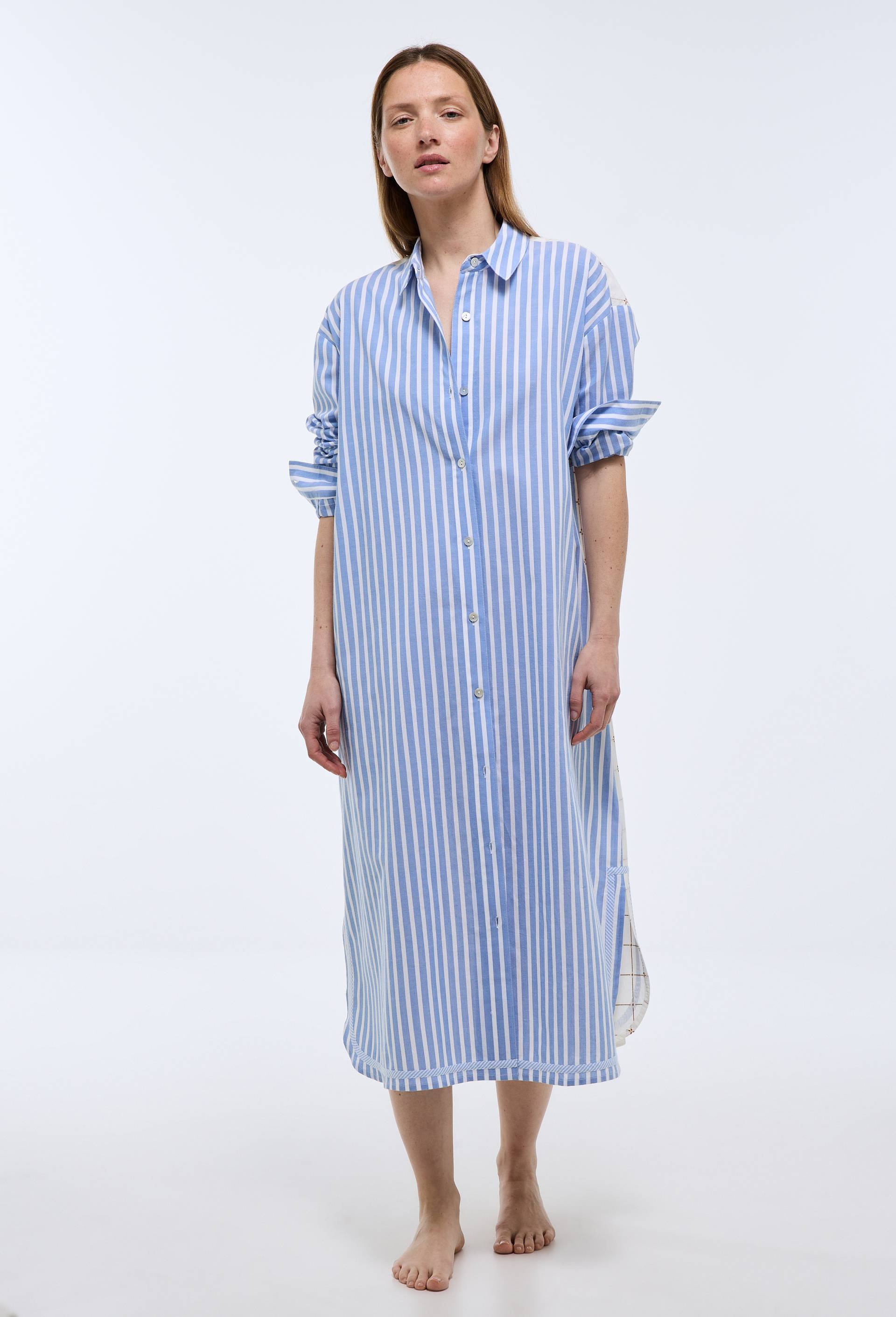 Chemise de nuit &agrave; patchwork de rayures en coton bio GOTS, Bleu, large image number 0