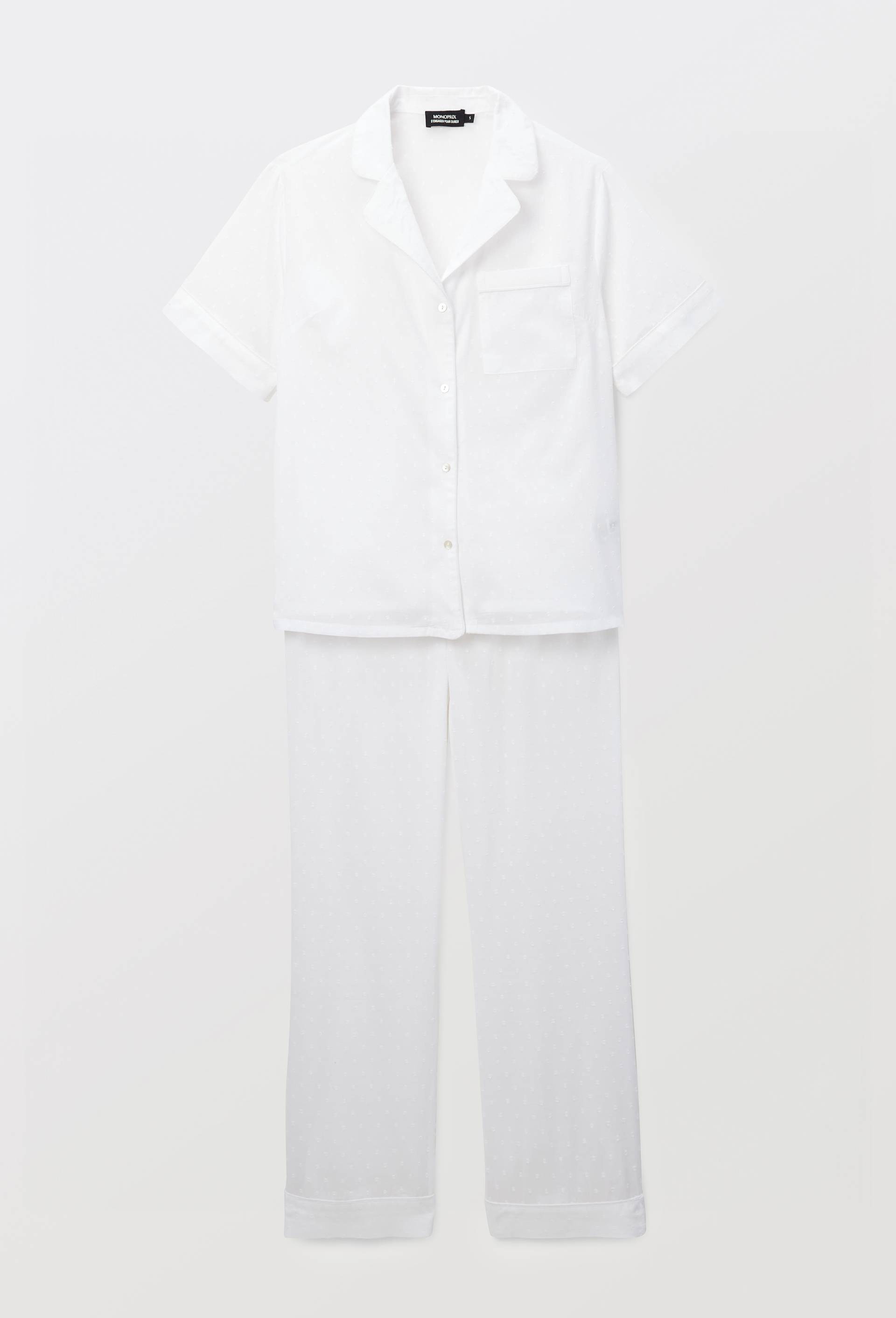 Pyjashort uni en plumetis de coton bio GOTS, Blanc, large image number 2.0