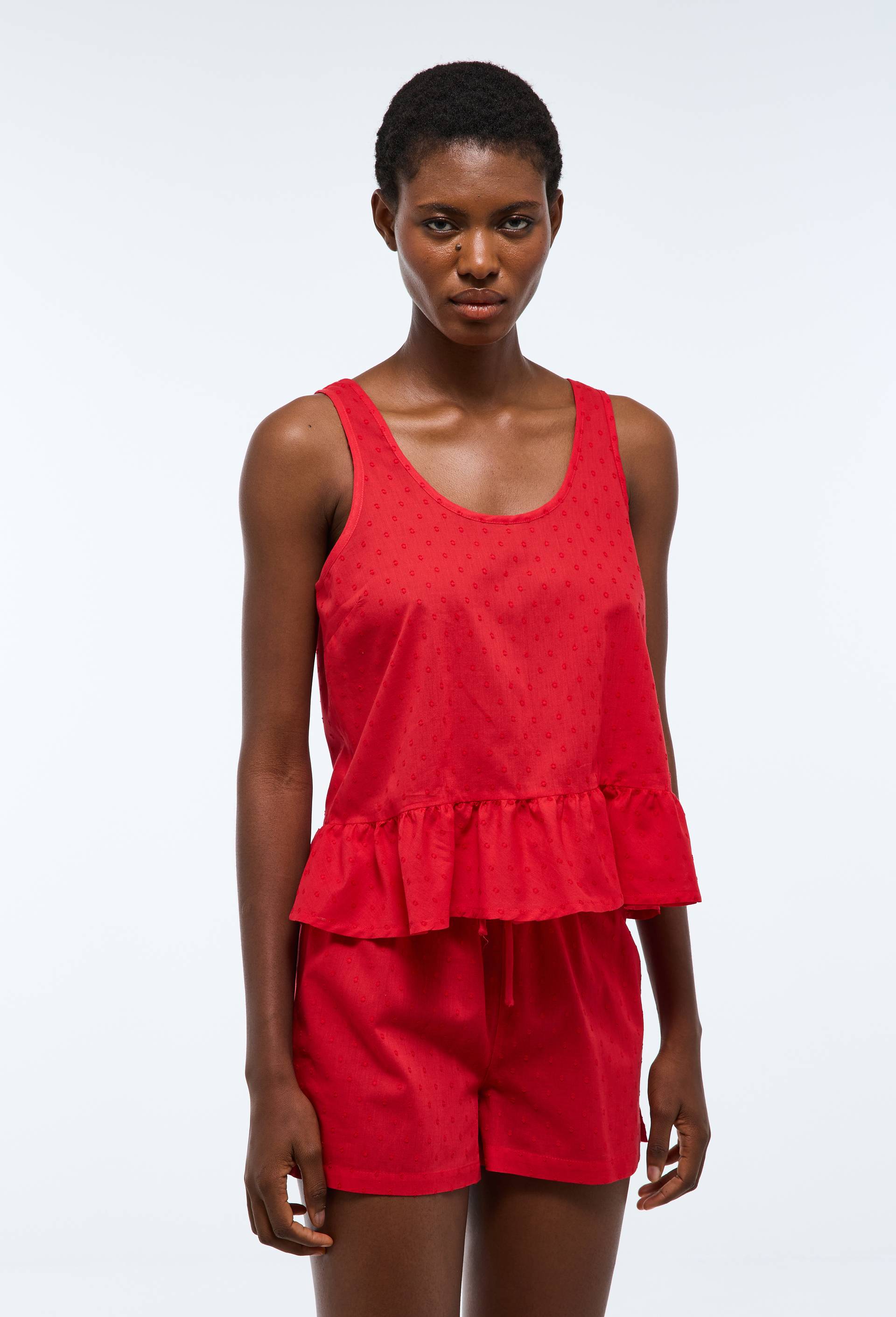Pyjashort uni en plumetis de coton bio GOTS, Rouge, large image number 0