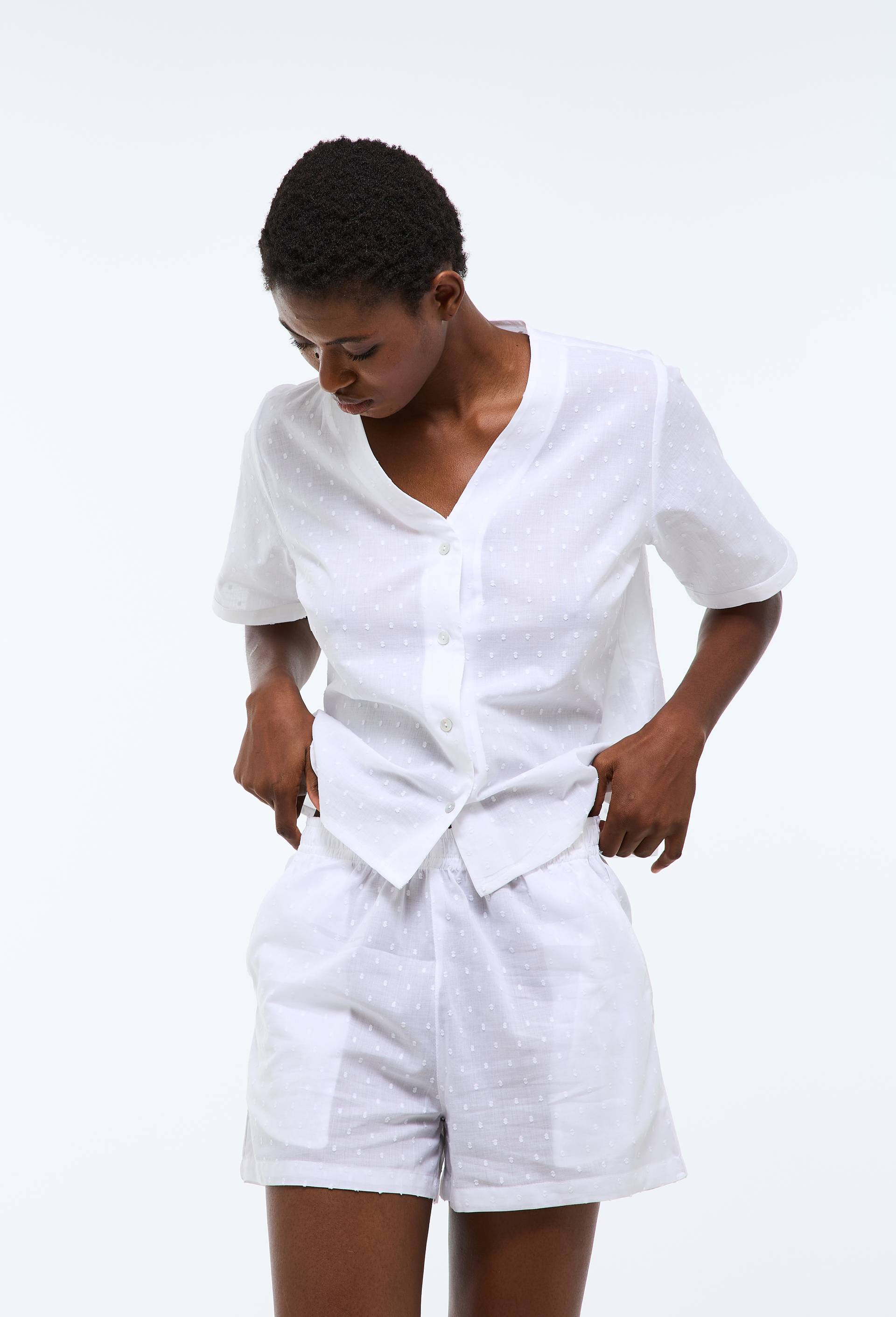 Pyjashort uni en plumetis de coton bio GOTS, Blanc, large image number 0