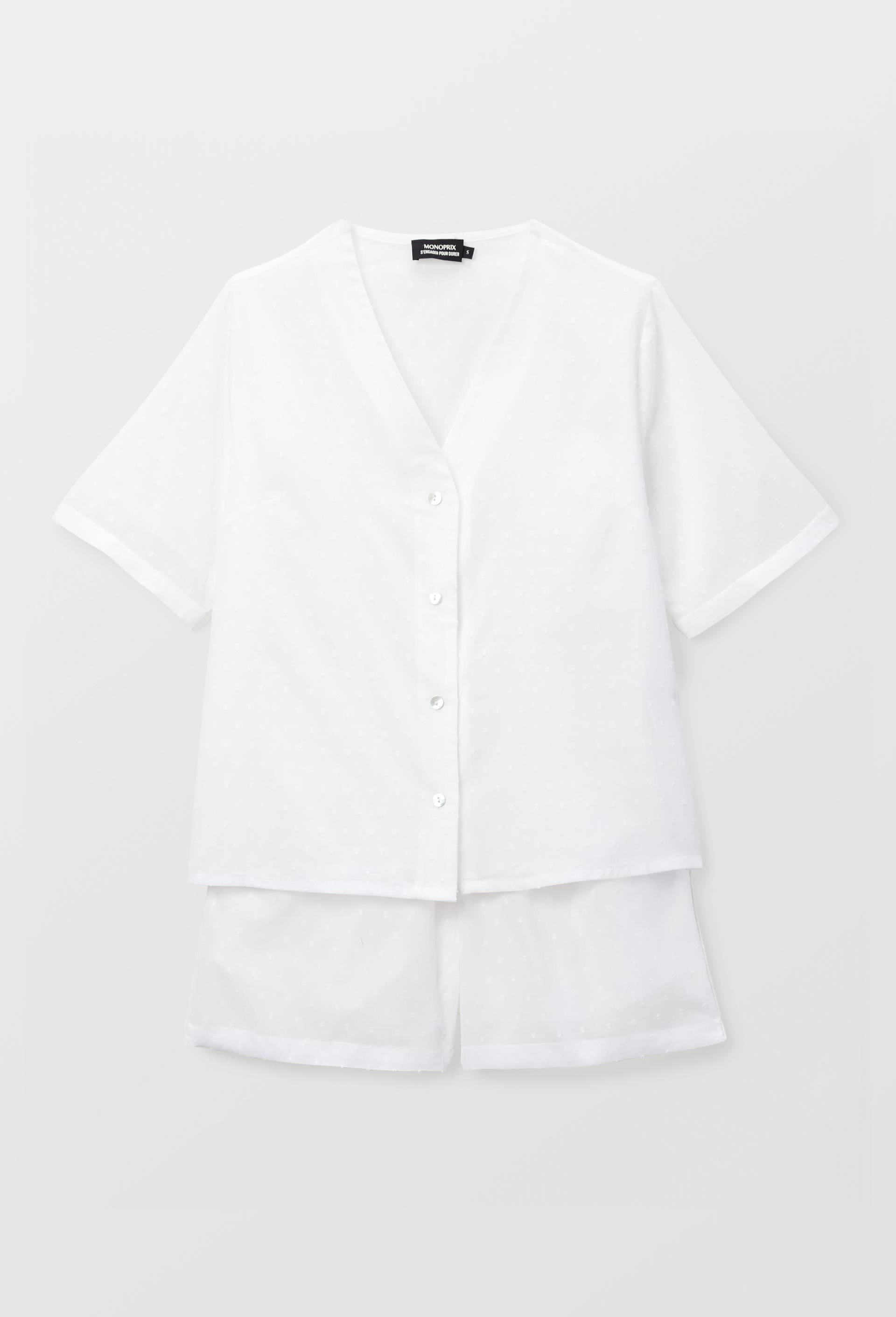 Pyjashort uni en plumetis de coton bio GOTS, Blanc, large image number 2.0