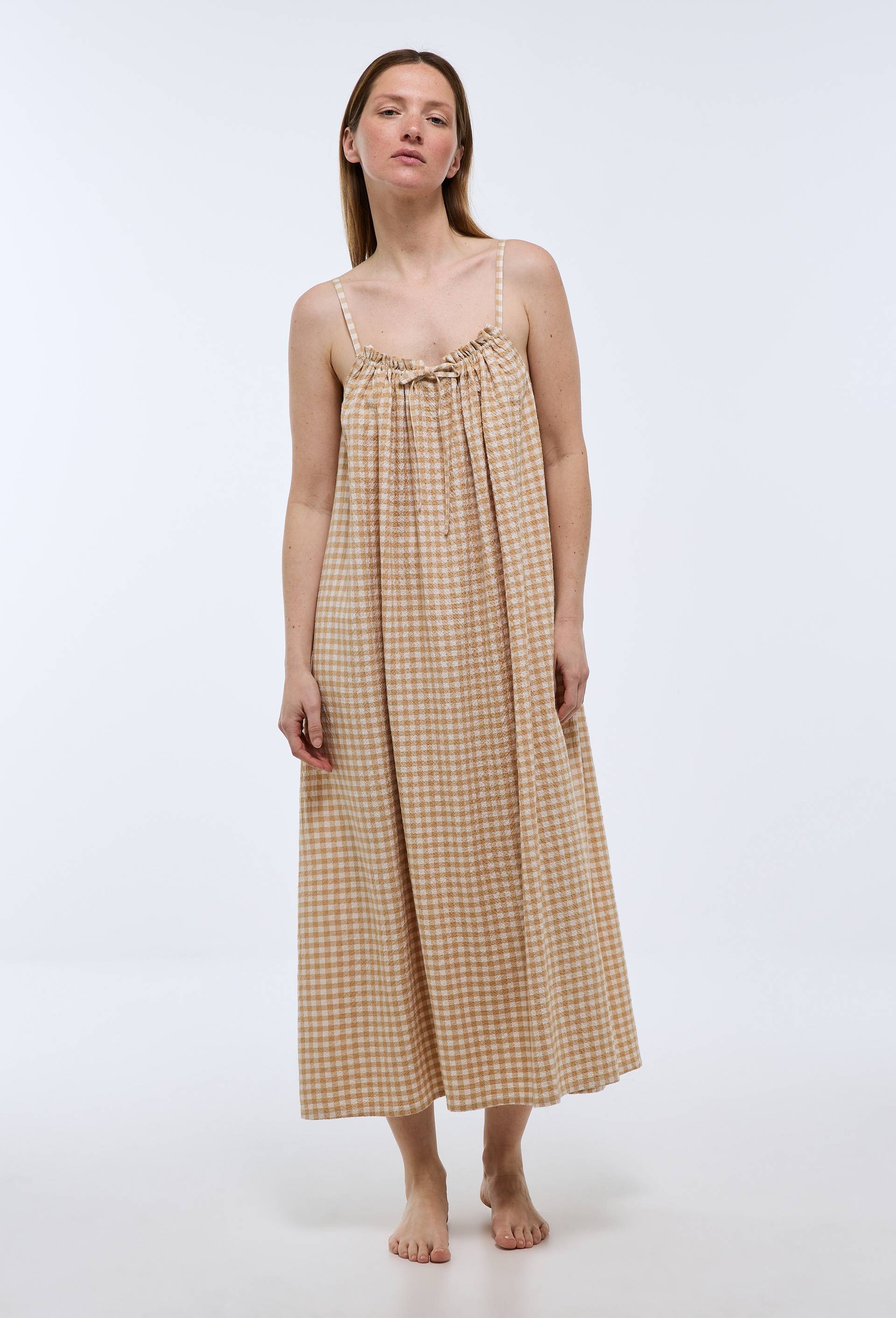 Chemise de nuit vichy en viscose et coton, Beige, large image number 0.0