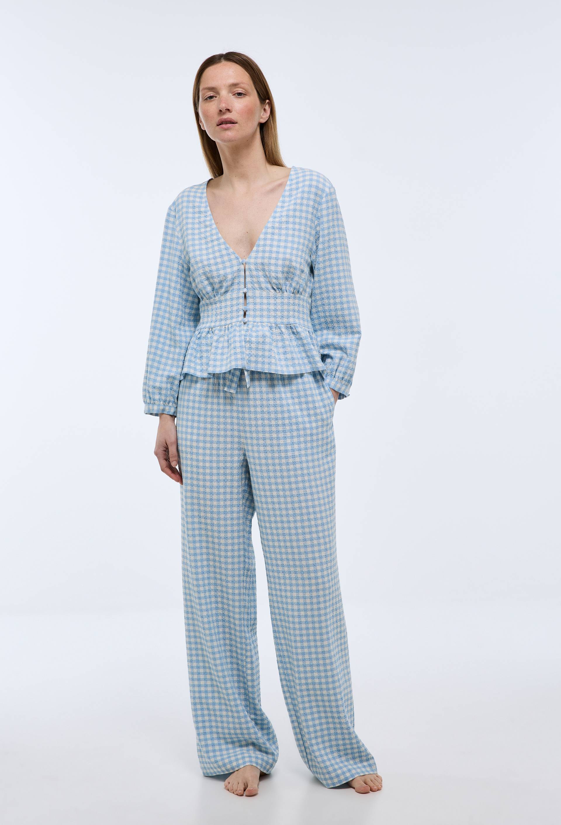 Pantalon vichy en coton et viscose, Bleu, swatch image