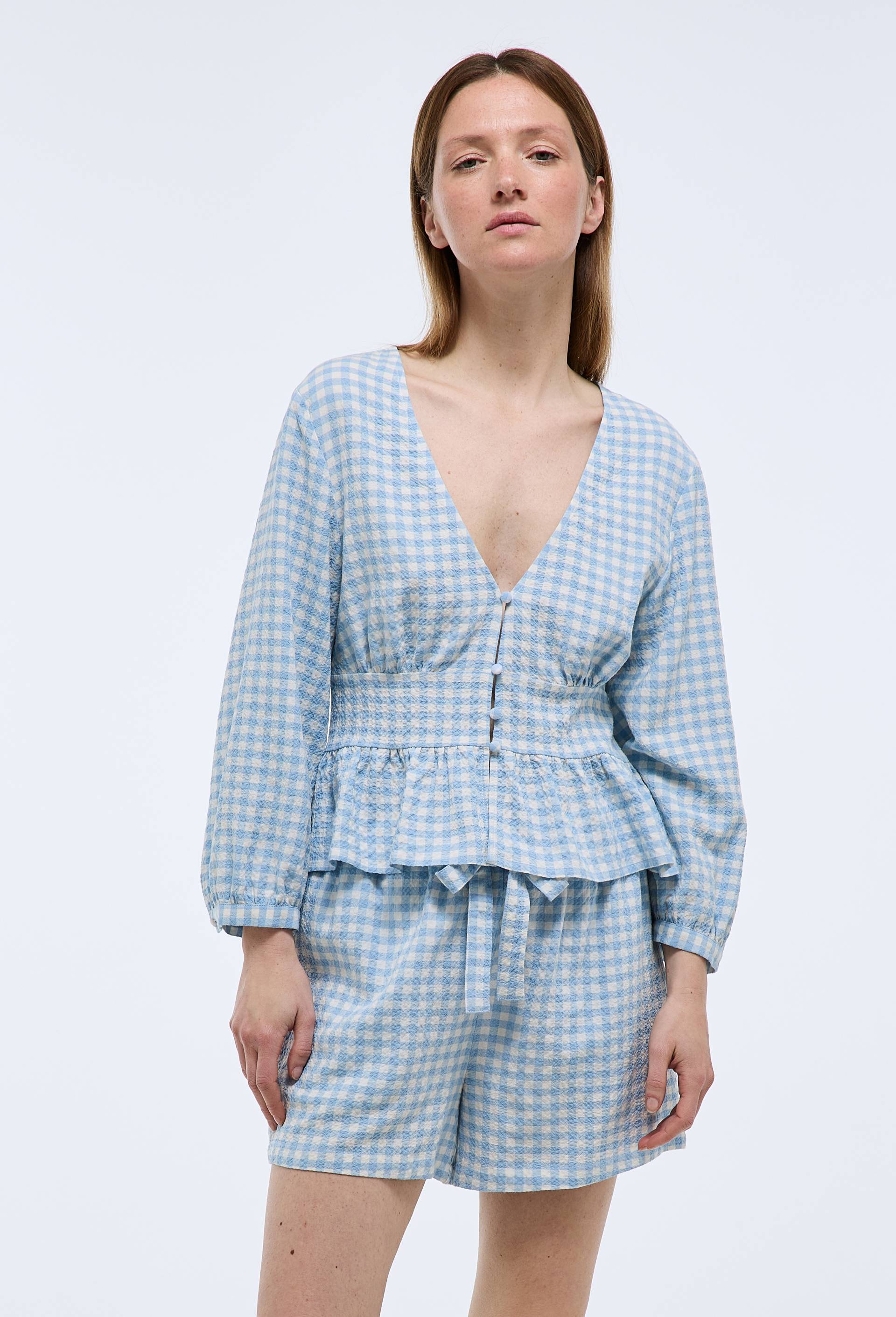 Short vichy en viscose et coton, Bleu, swatch image