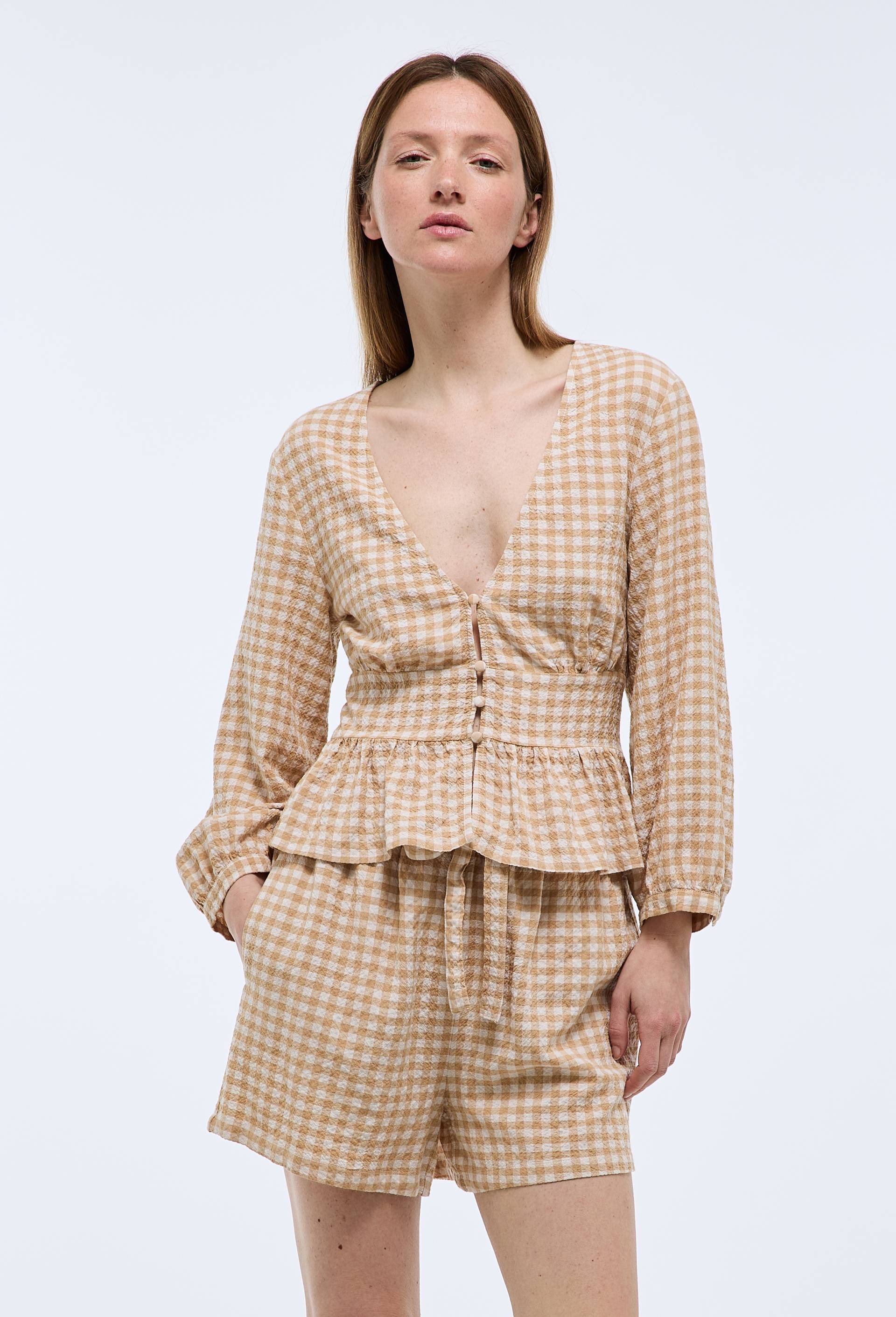 Short vichy en viscose et coton, Beige, swatch image