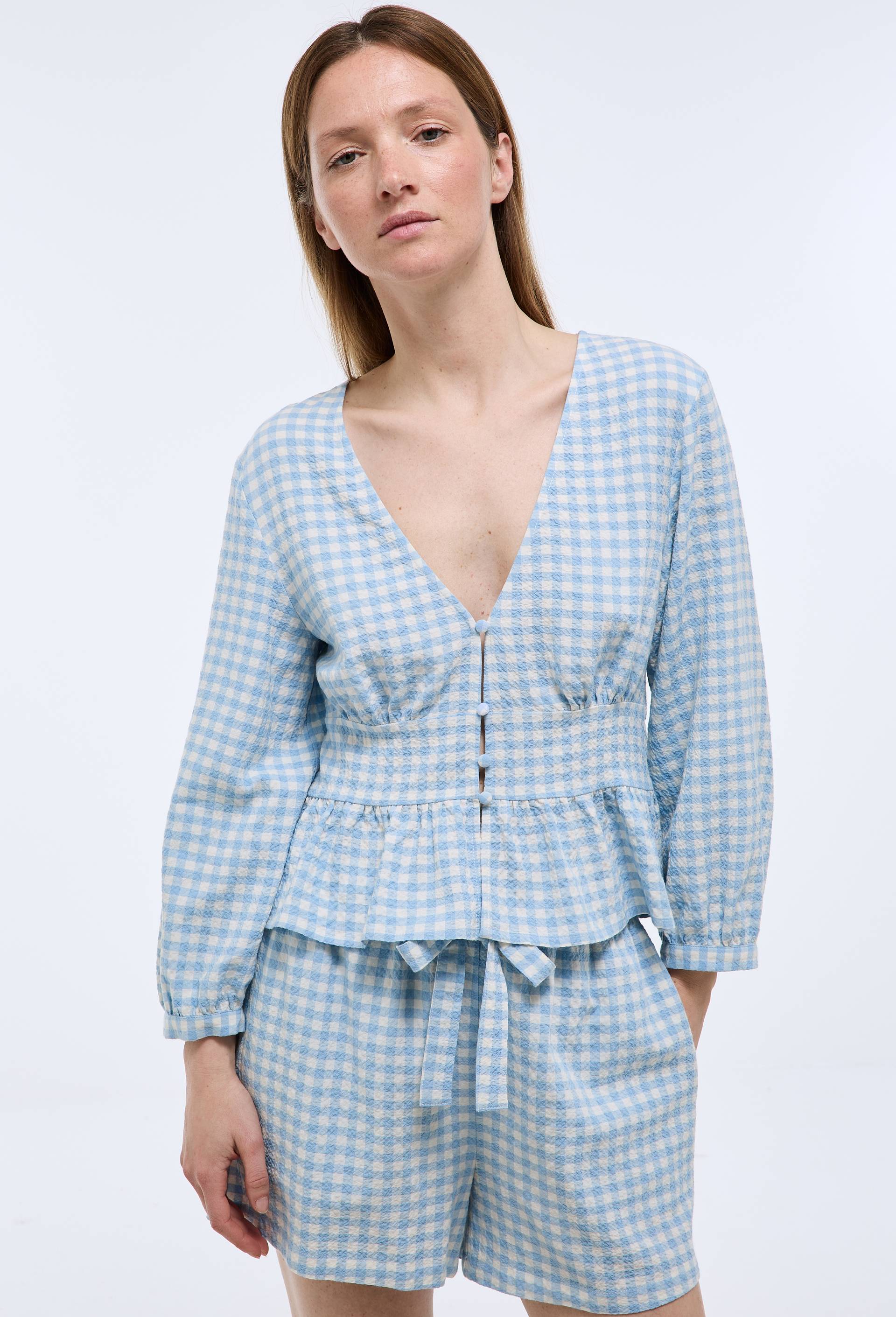 Top vichy en viscose et coton, Bleu, large image number 0