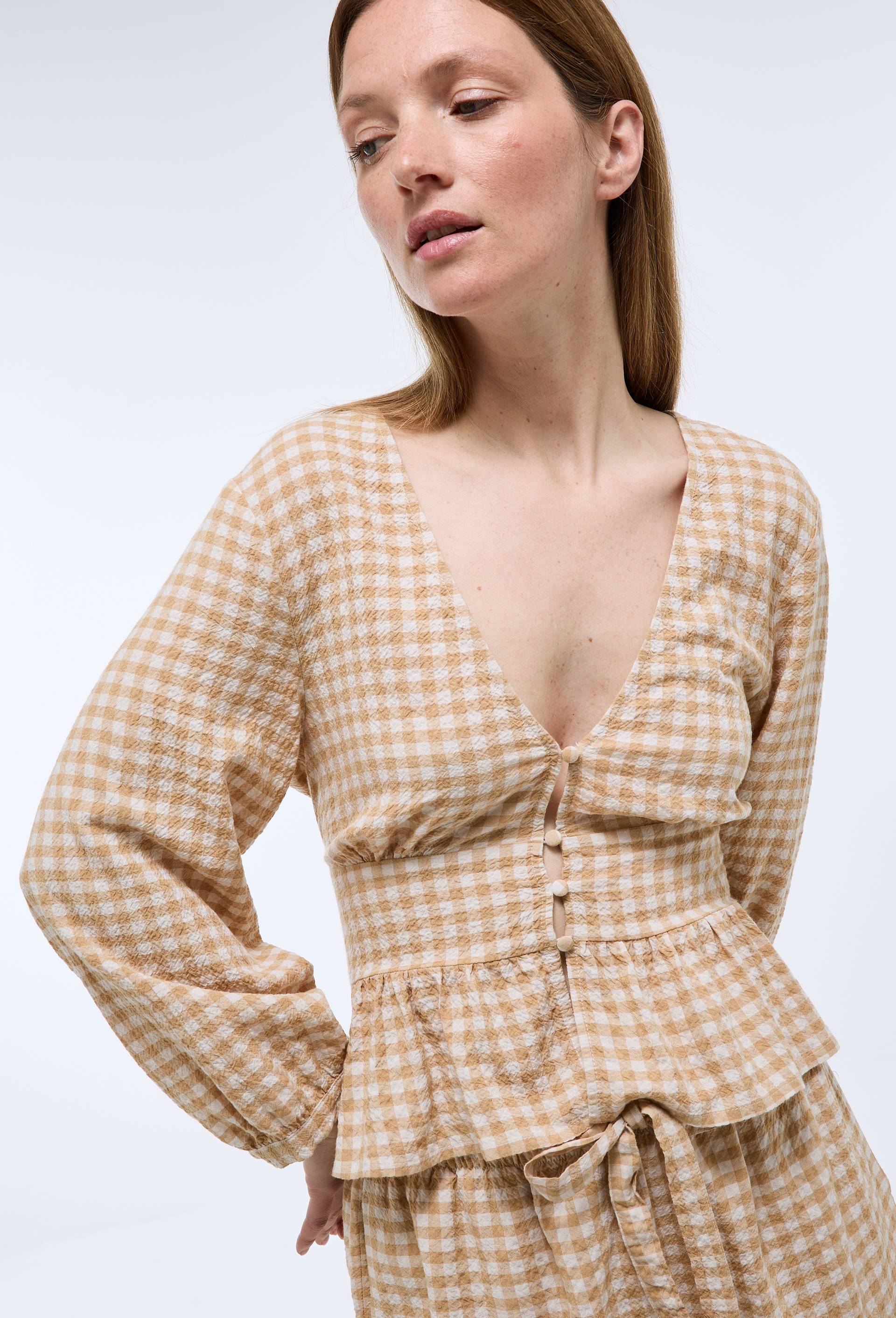 Top vichy en viscose et coton, Beige, swatch image