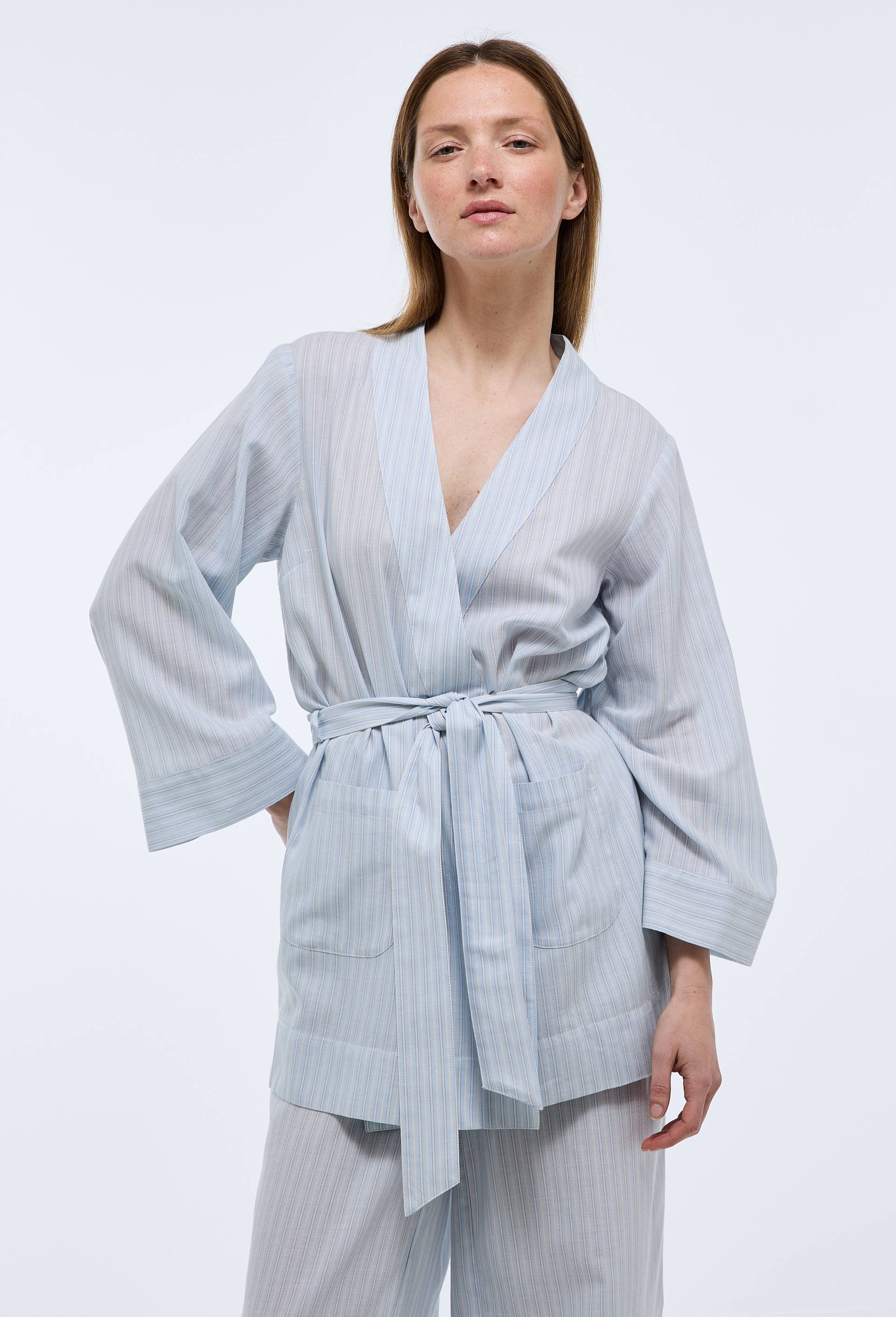 Kimono ray&eacute; en voile de coton bio GOTS, Bleu, large image number 0