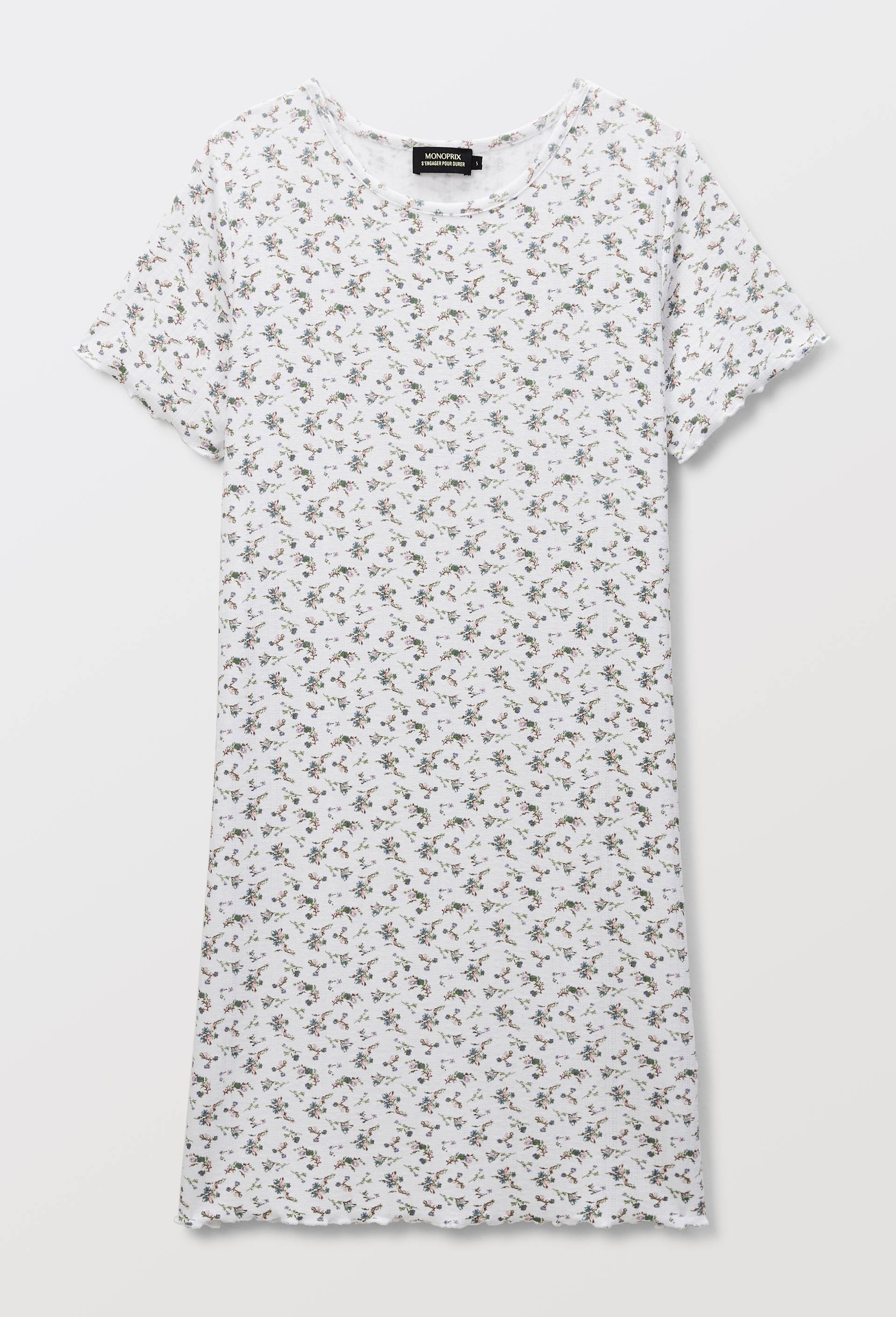 Chemise de nuit en pointelle imprim&eacute;e &agrave; finitions ruffle en modal et coton, Beige clair, large image number 2