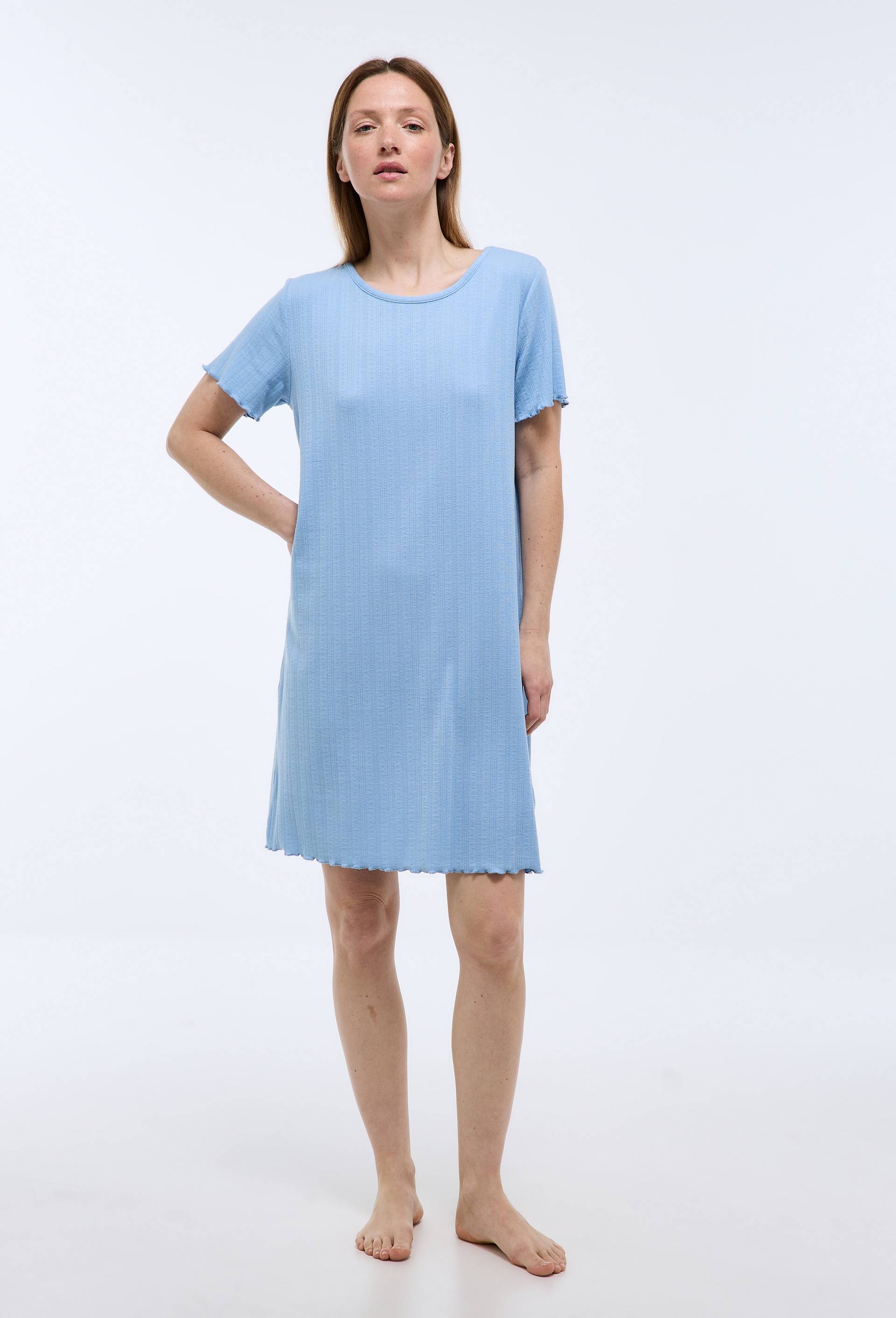 Chemise de nuit unie &agrave; finitions ruffle en modal et coton, Bleu, large image number 0