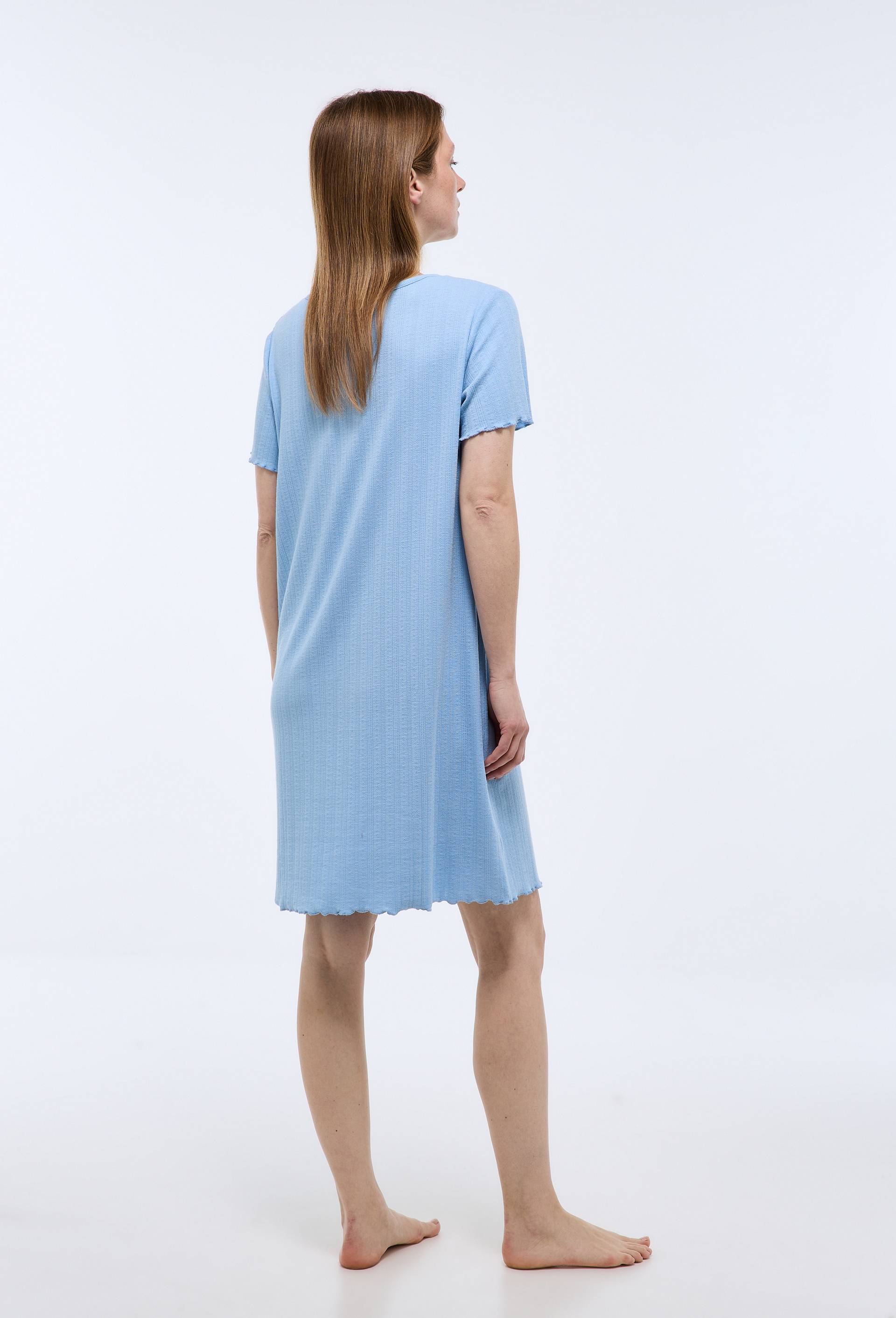 Chemise de nuit unie &agrave; finitions ruffle en modal et coton, Bleu, large image number 1.0