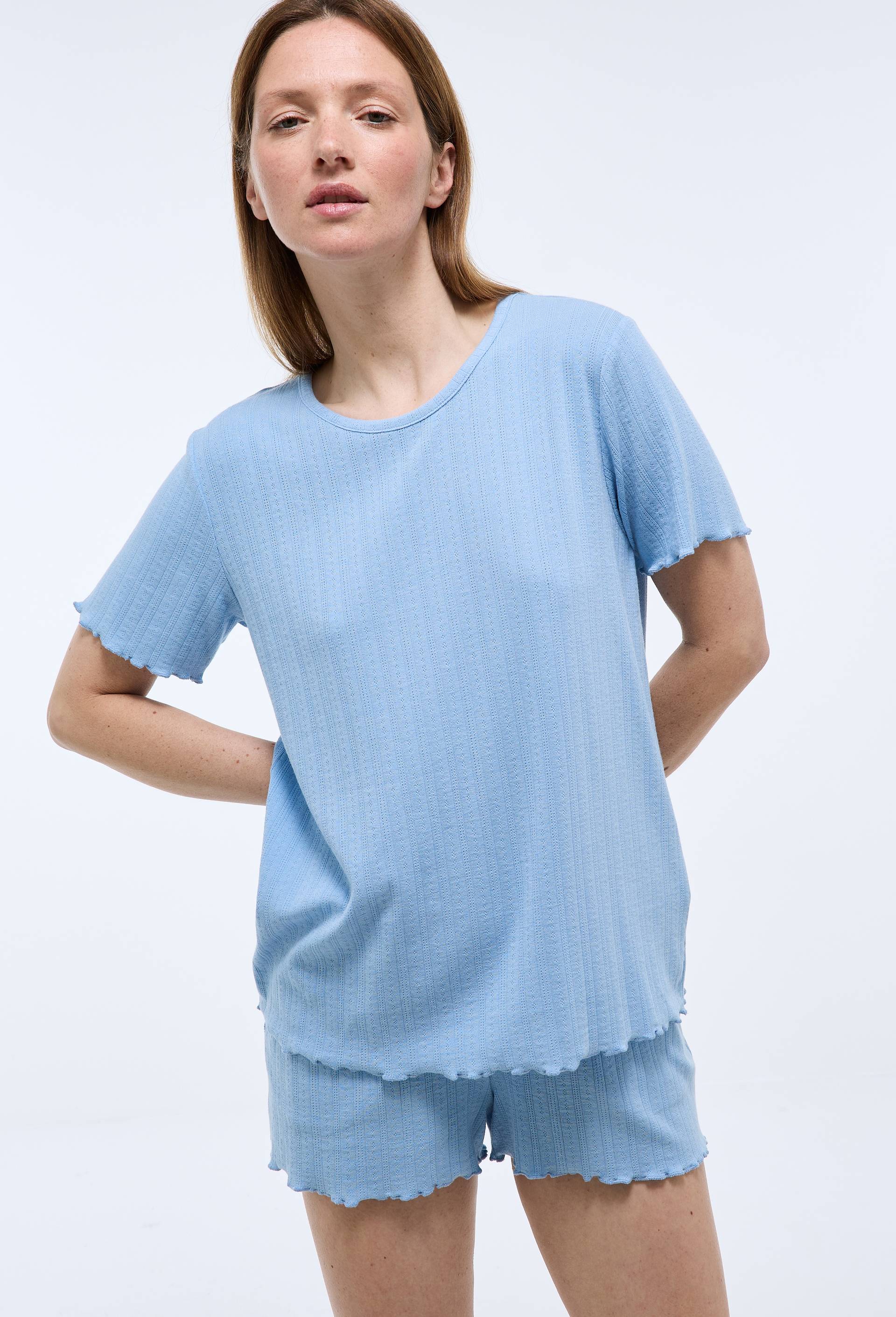 Pyjashort uni &agrave; finitions ruffle en modal et coton, Bleu, large image number 0.0