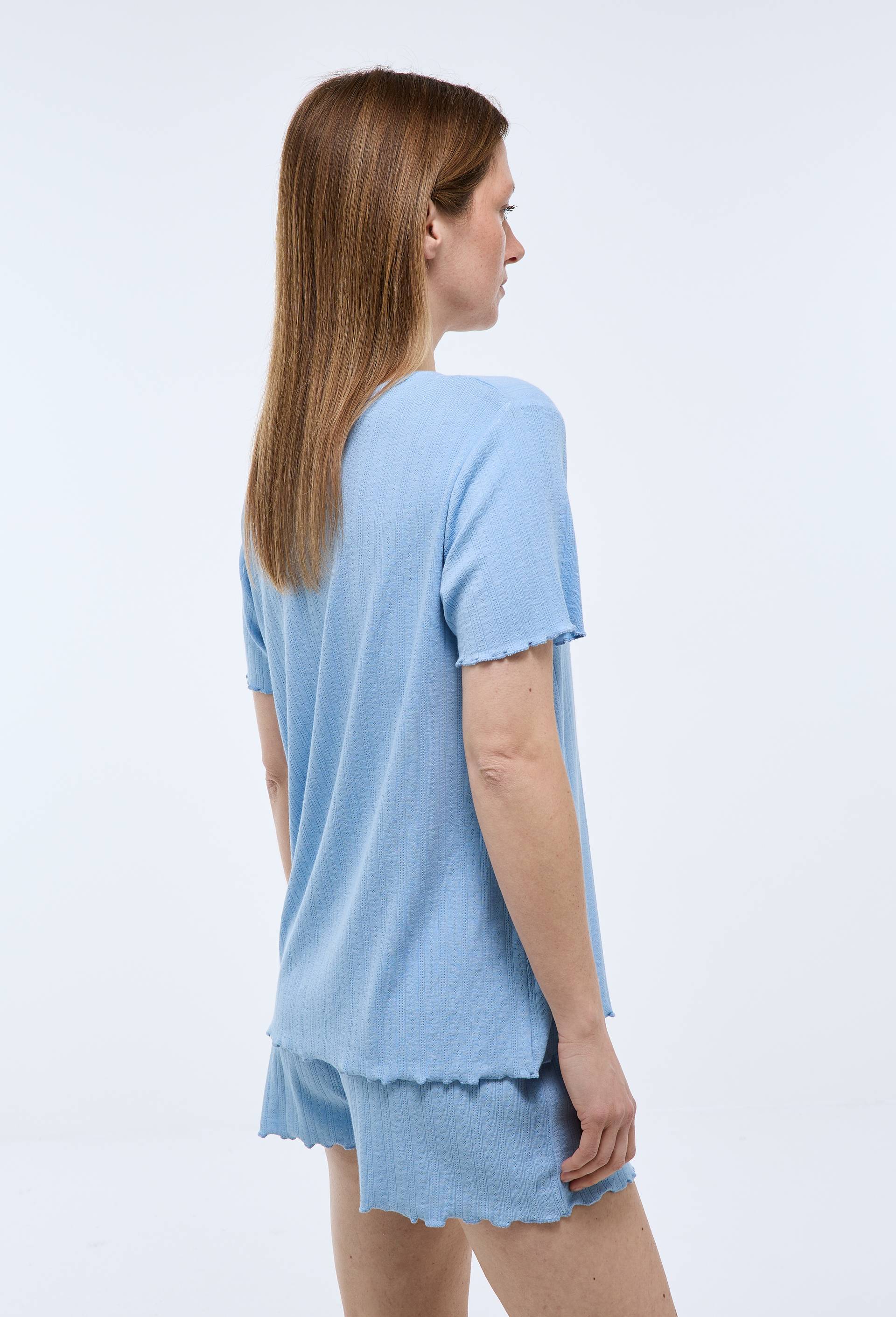 Pyjashort uni &agrave; finitions ruffle en modal et coton, Bleu, large image number 1