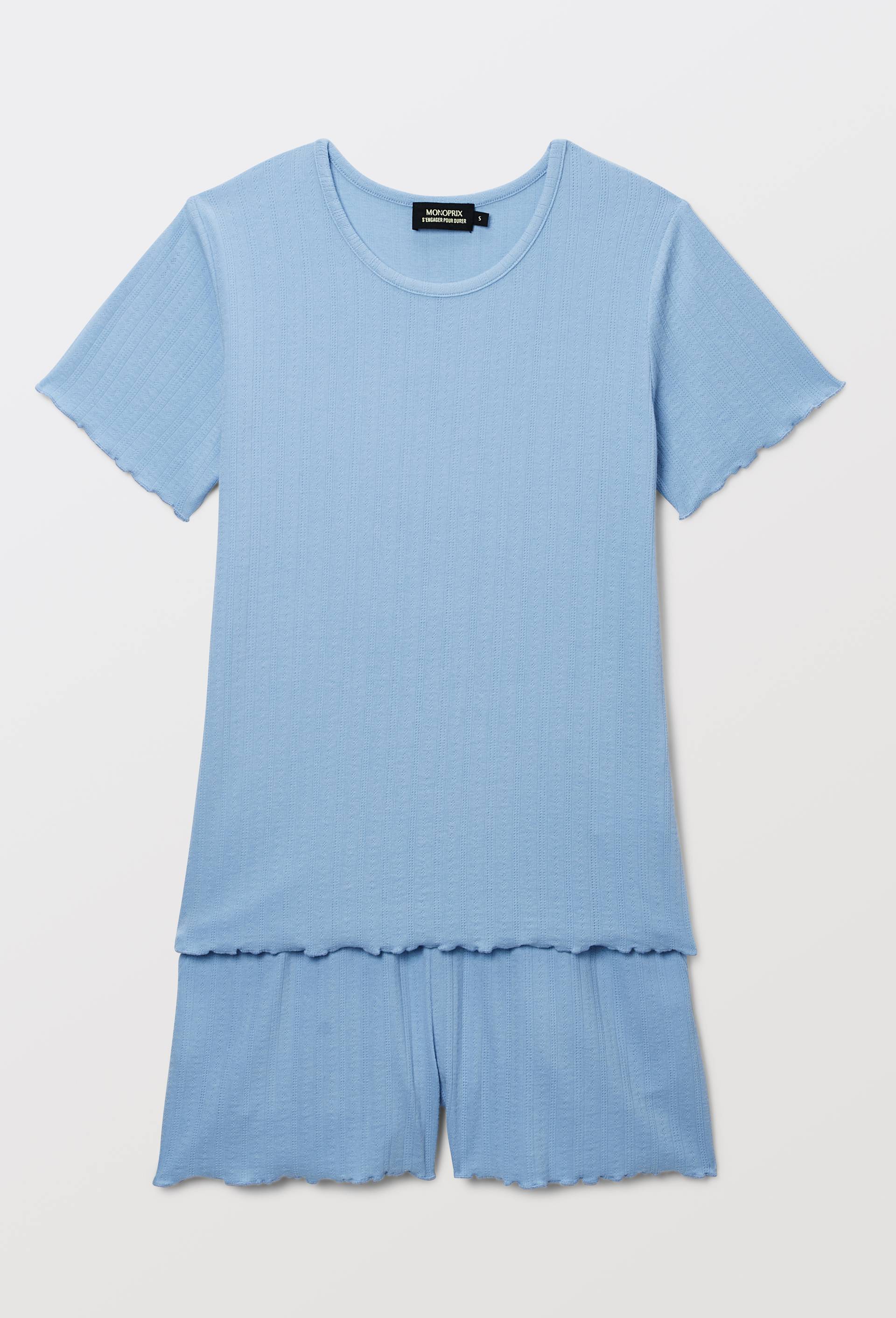 Pyjashort uni &agrave; finitions ruffle en modal et coton, Bleu, large image number 2