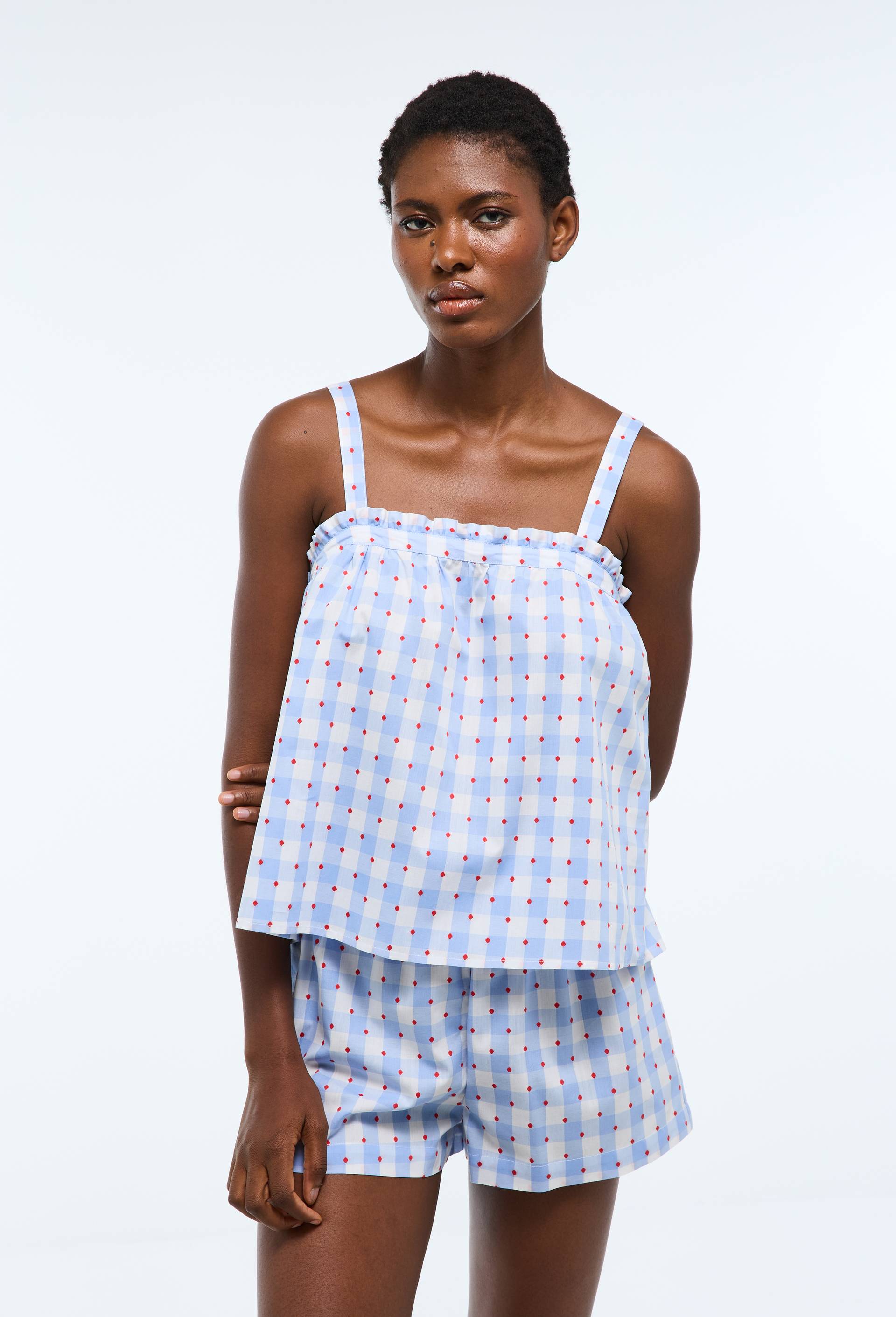 Pyjashort &agrave; vichy et pois en voile de coton, Bleu, large image number 0