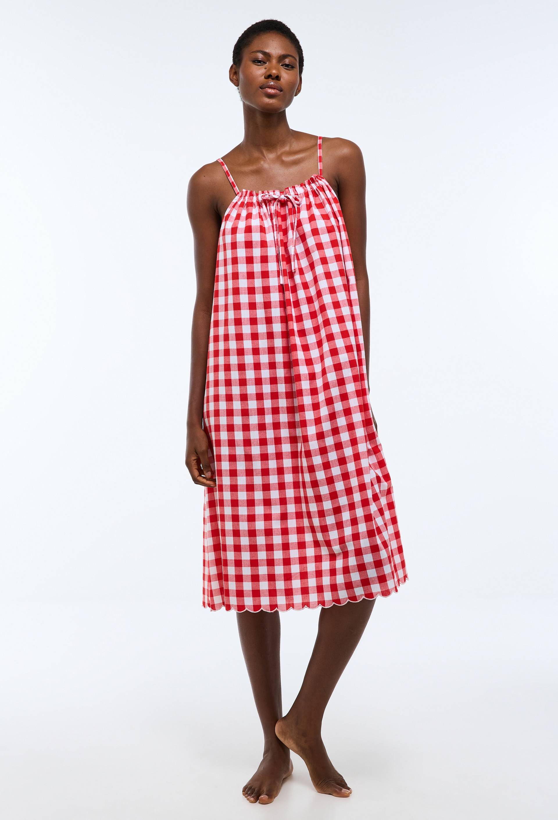 Chemise de nuit vichy en coton bio GOTS, Rouge, swatch image