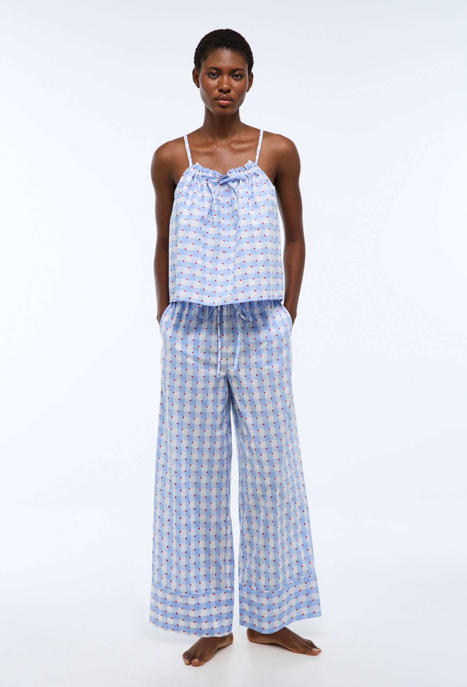 Pyjama &agrave; vichy et pois en voile de coton, Bleu, large image number 0